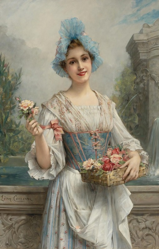 A depiction of a flower seller in a vibrant setting.