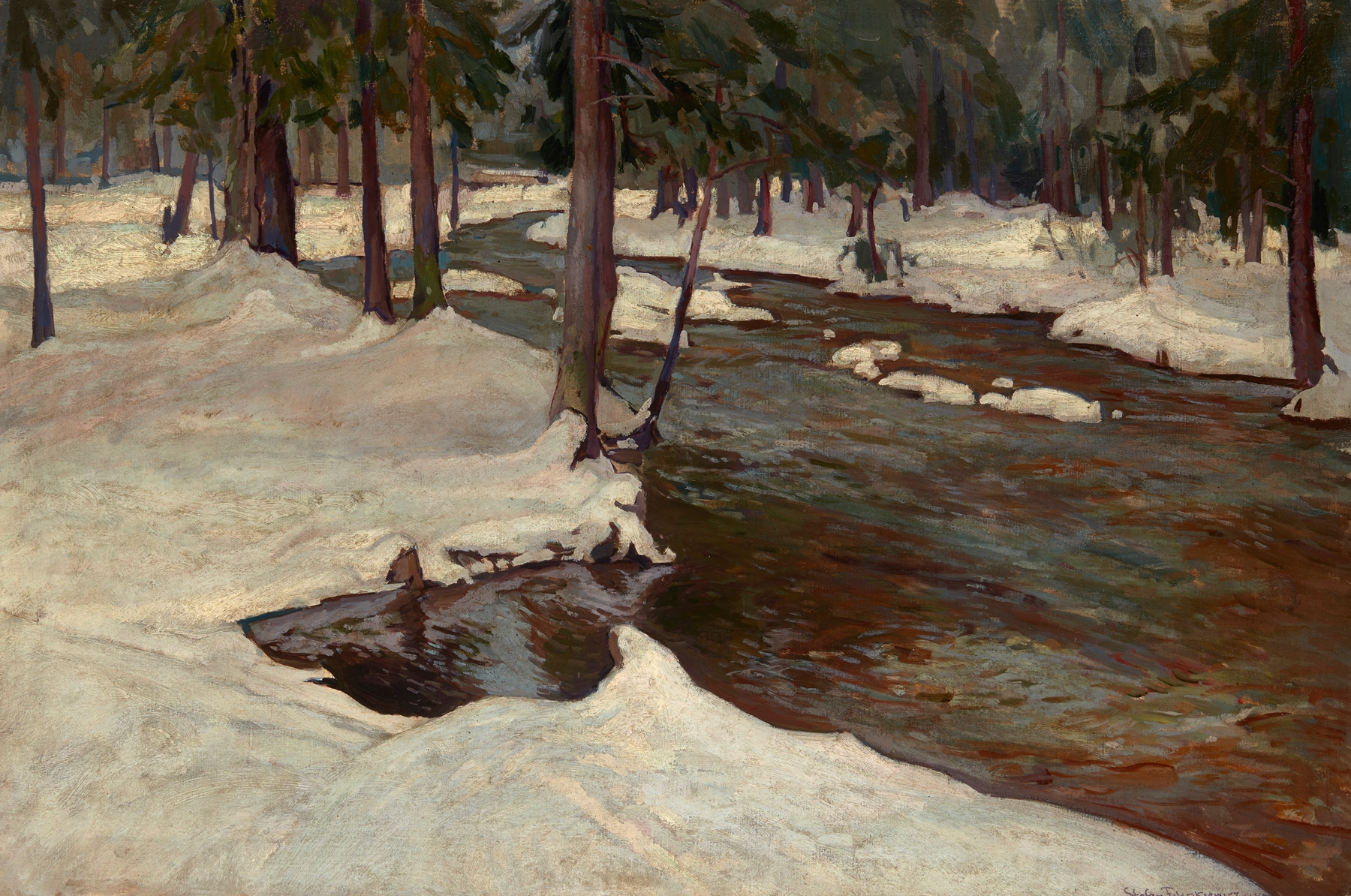 Forest Stream by Stefan Filipkiewicz, oil on canvas depicting a serene landscape with a flowing stream.