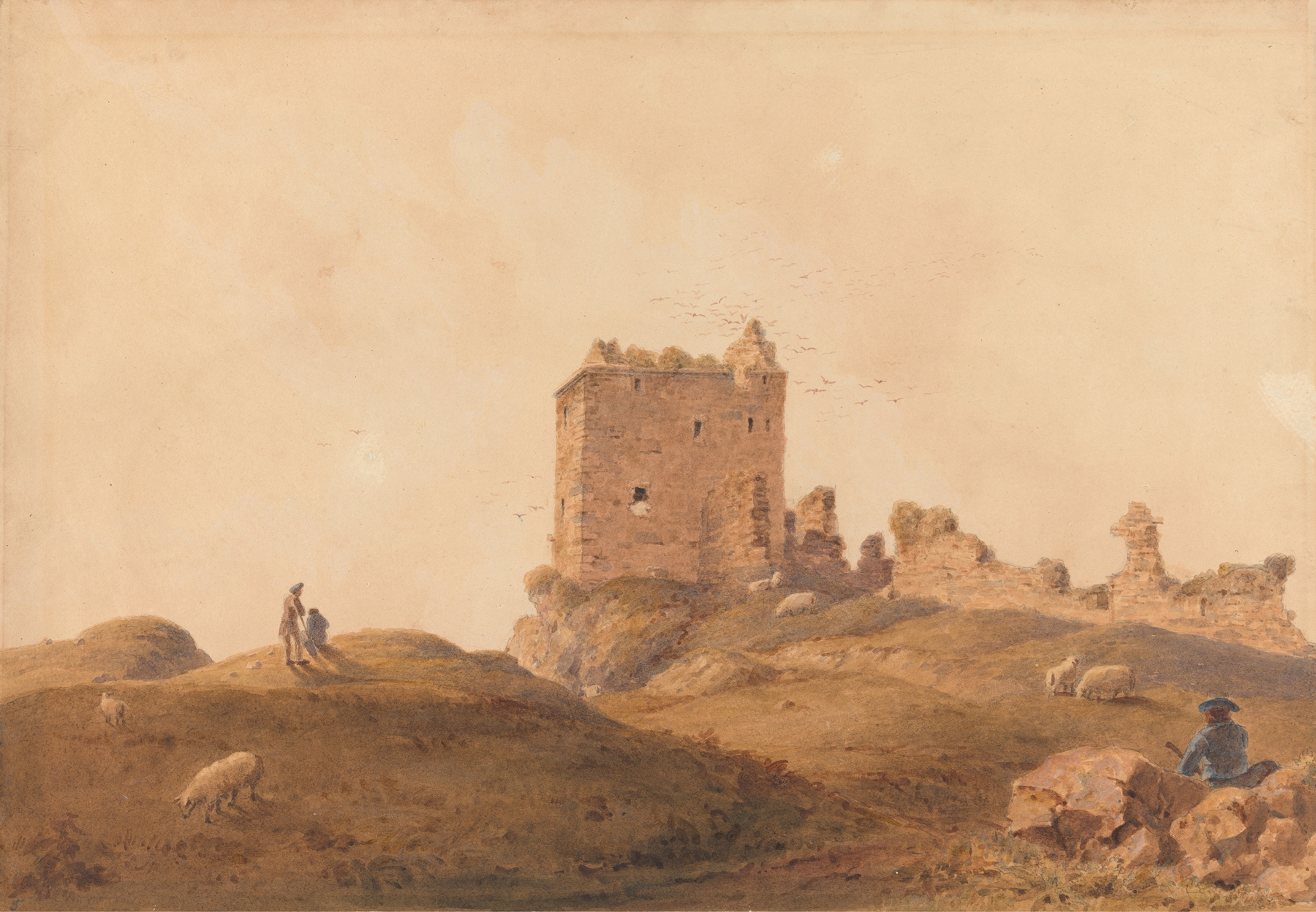 Tarbert Castle landscape by Joshua Cristall, oil painting featuring a fortress with light and shadow.
