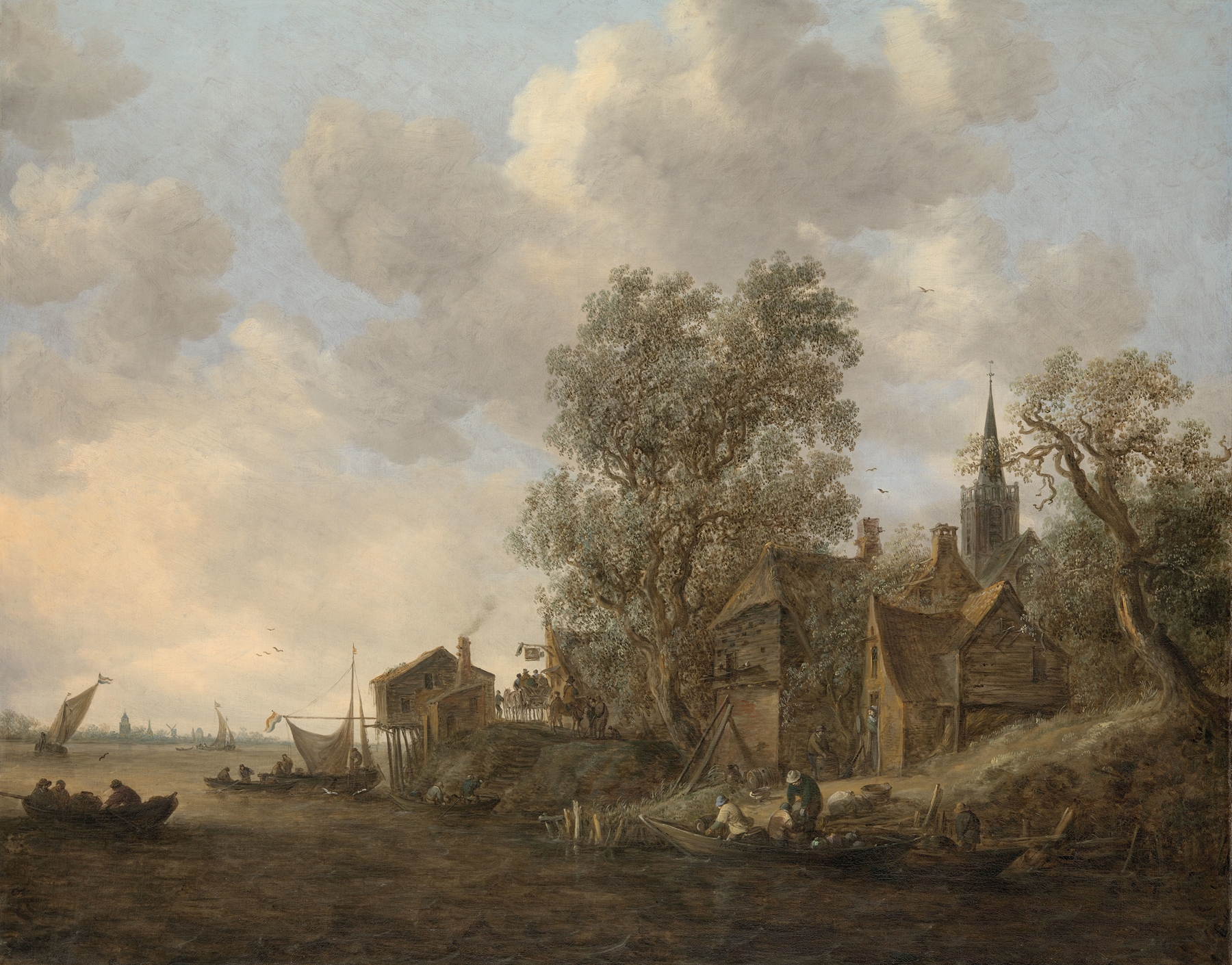 View of a town on a river, oil on canvas by Jan van Goyen