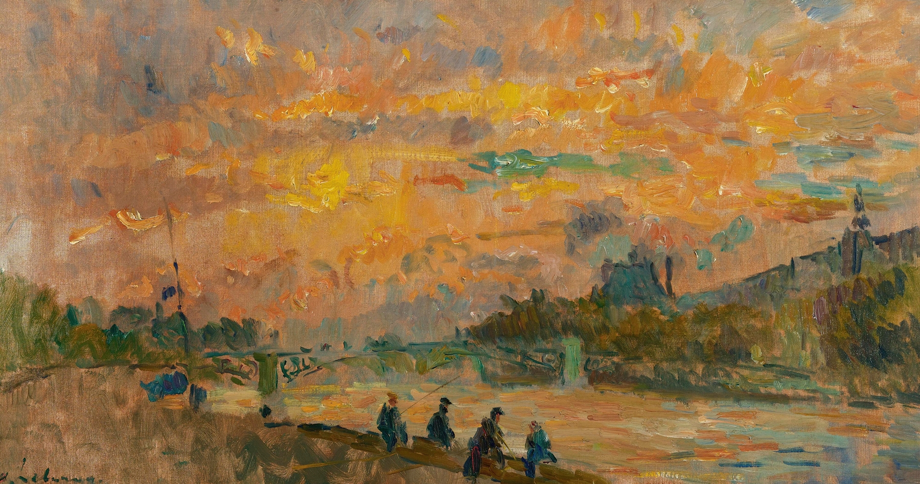Sunset landscape with bridge and river, oil on canvas by Albert Lebourg