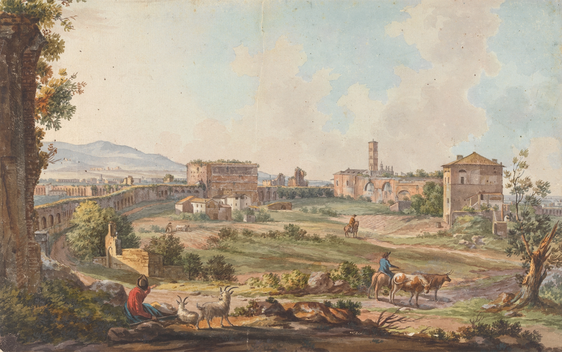 Ruins in Rome with goats, cows and herdsmen by Willey Reveley, oil painting