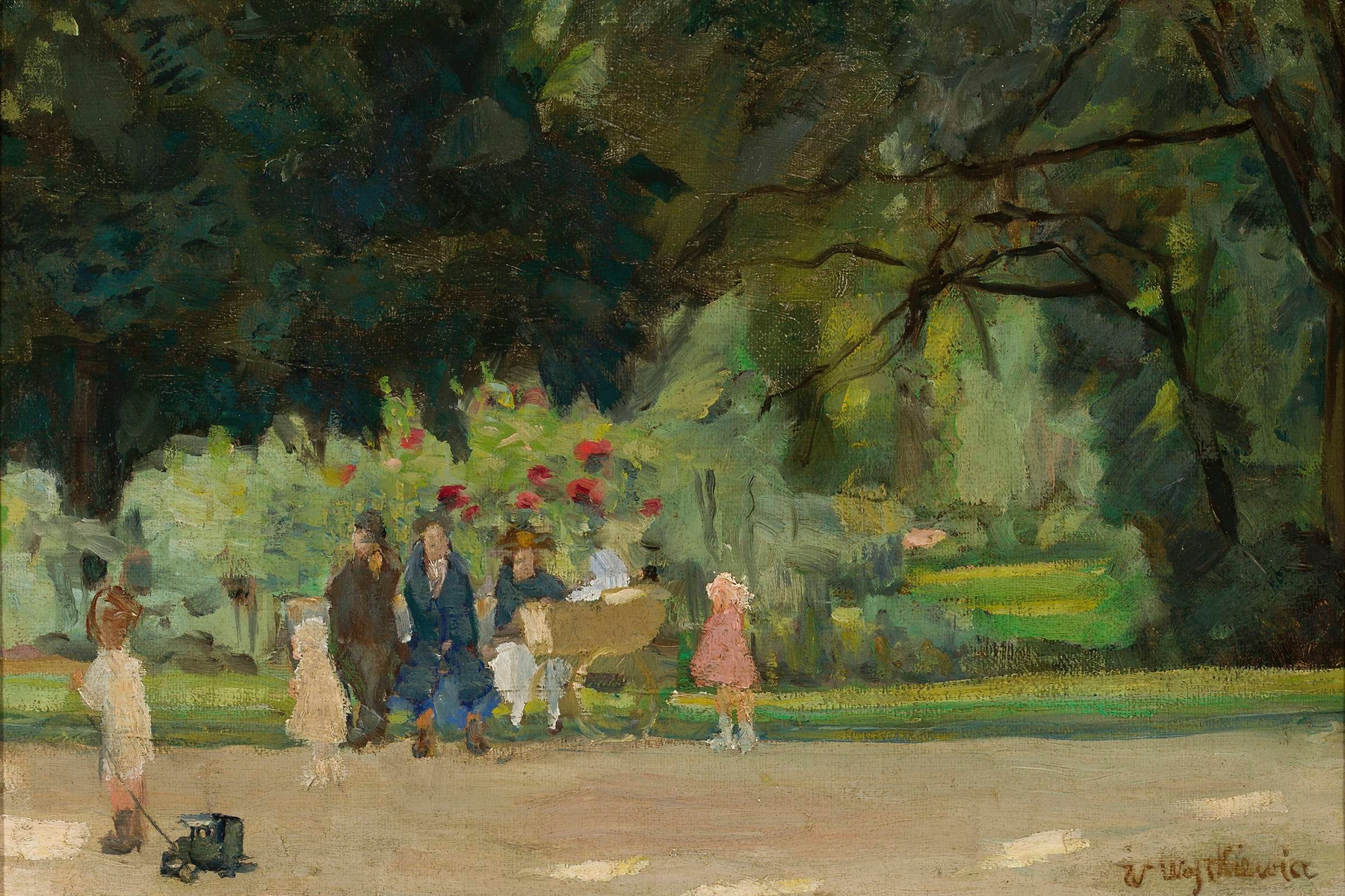Planty Park in Kraków, oil on canvas by Witold Wojtkiewicz, featuring lush greenery and a winding path.