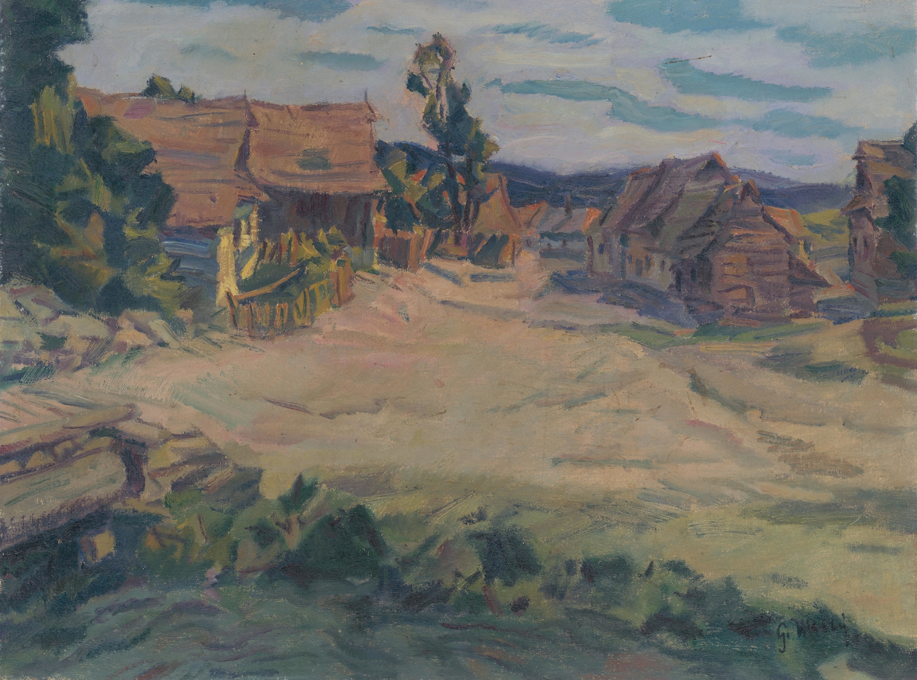 Mengušovce Landscape by Gustáv Mallý, oil painting depicting vibrant hills and sunlight.