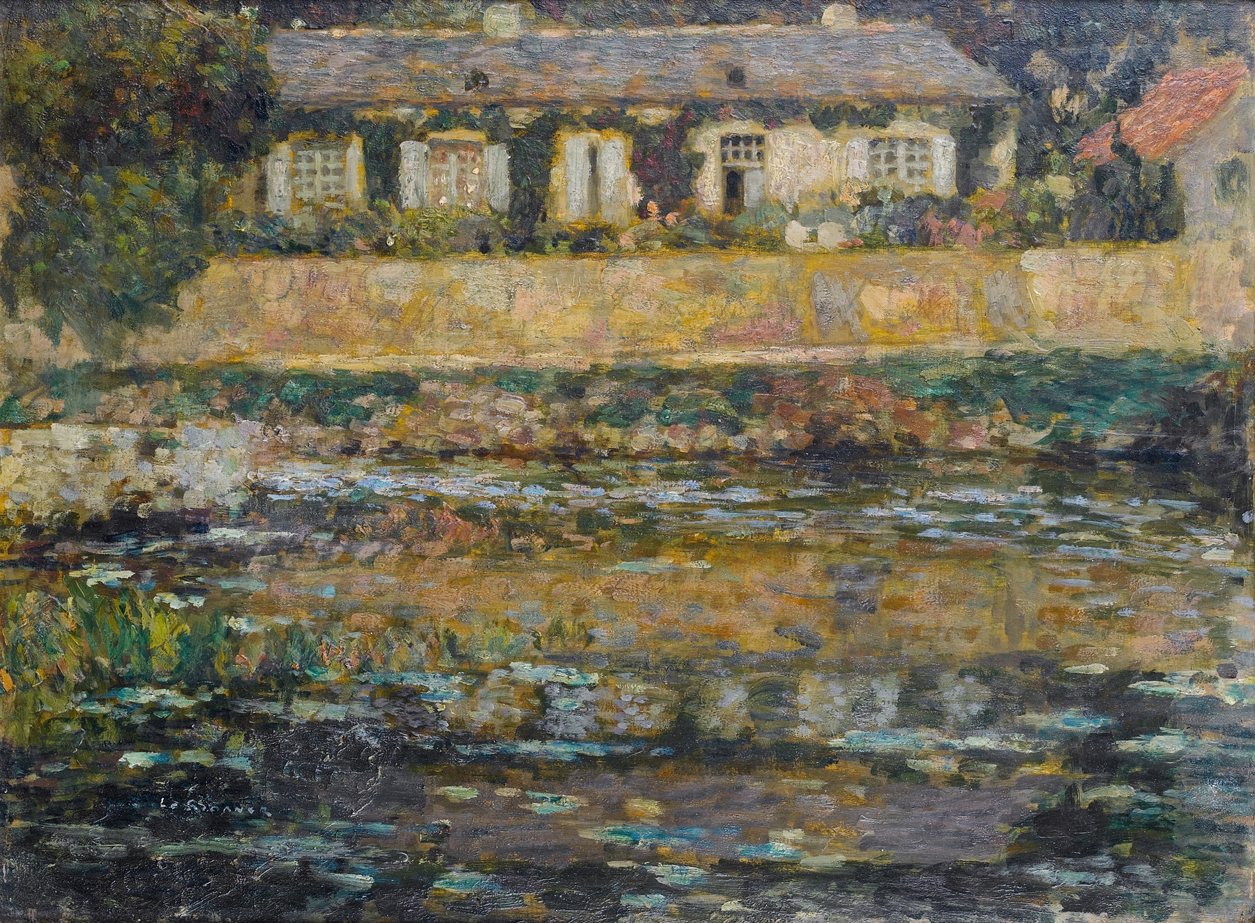 La maison au bord de l’eau, Montreuil-Bellay by Henri Le Sidaner, oil on canvas depicting a house by the water.