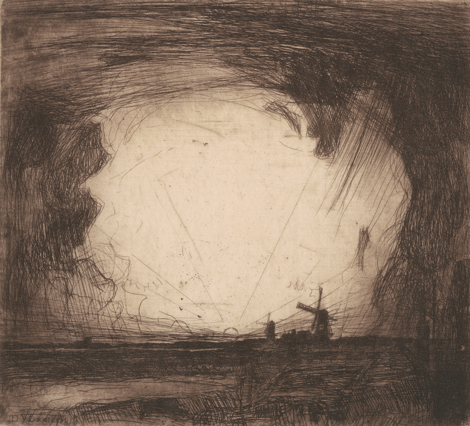 Storm Sundown by David Young Cameron, watercolor on paper depicting a dramatic sunset with turbulent clouds.