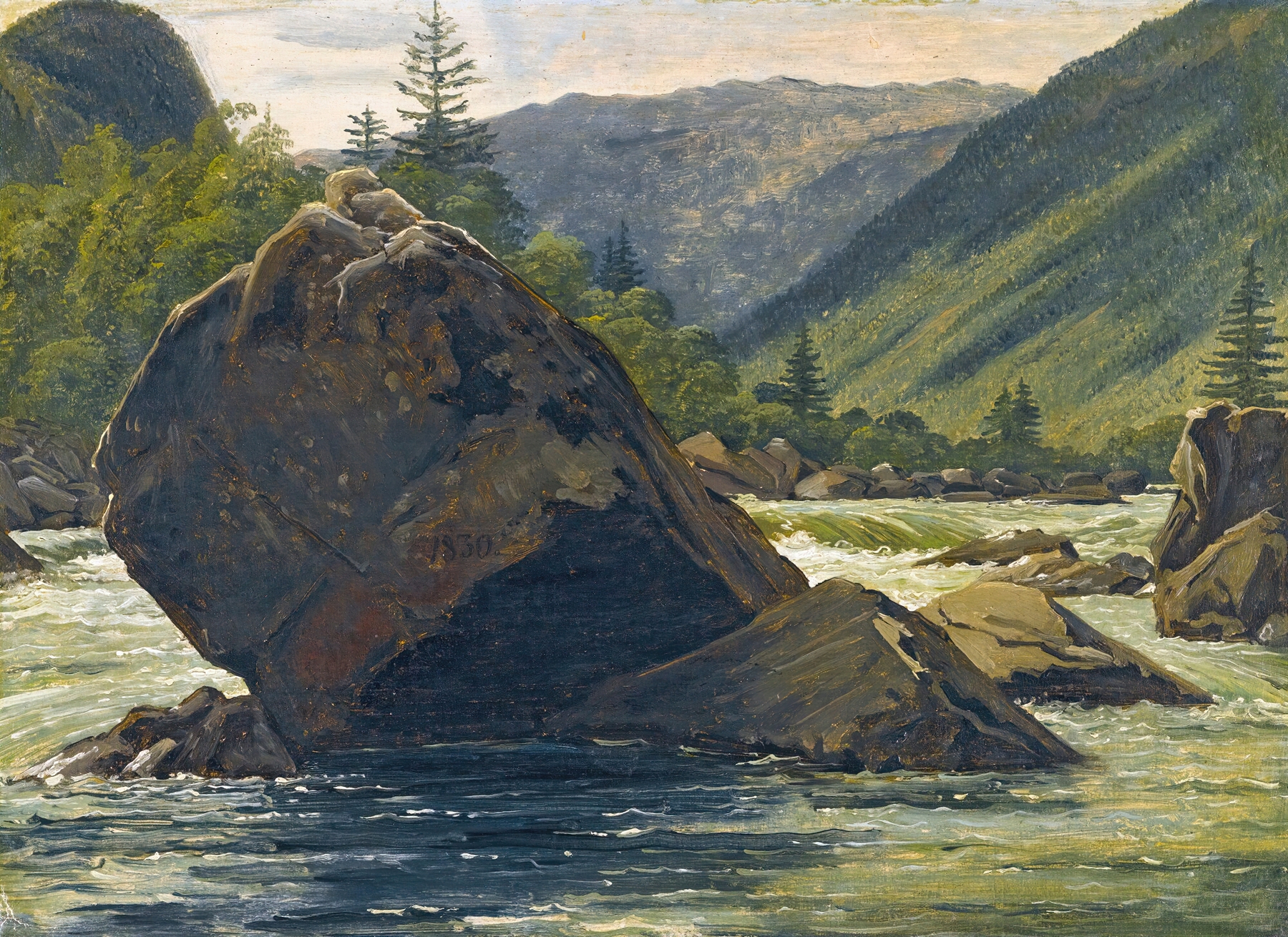 An Erratic Rock In The Rapids, oil on canvas by Martinus Rørbye, showing a jagged rock in swirling water.