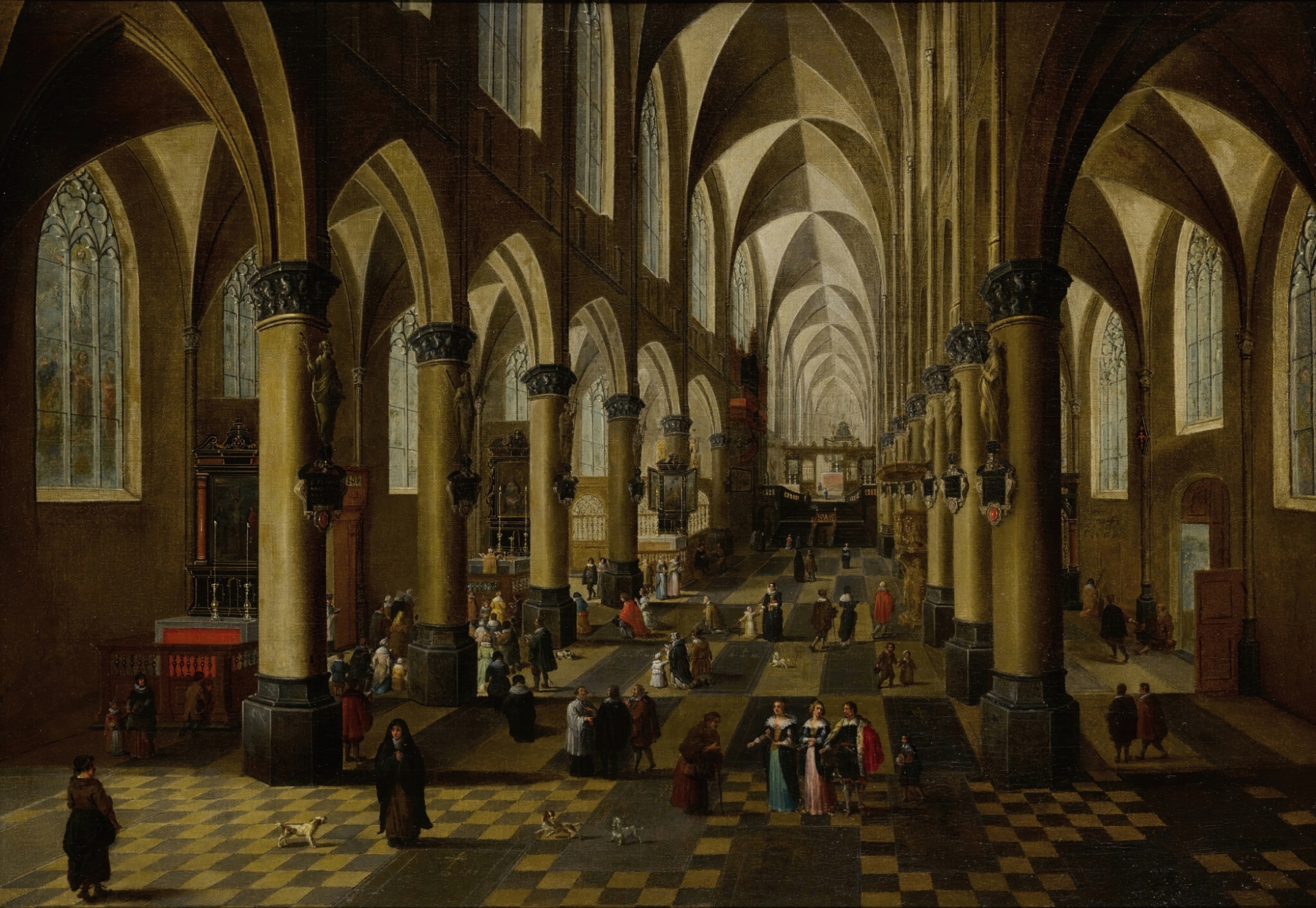 The Church of Saint Walburga in Antwerp, with a Mass being said, many figures, and a door open on the right, by Pieter Neeffs the younger, public domain