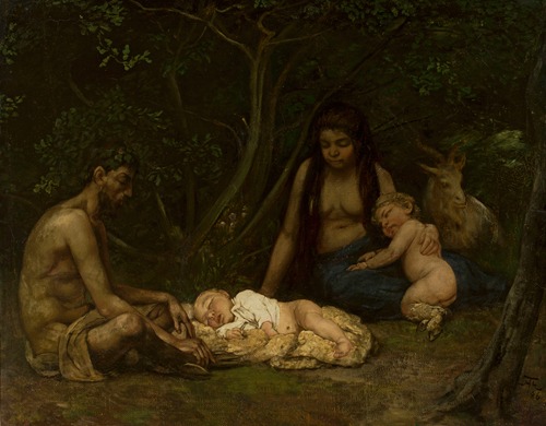 A depiction of the mythological story of Zeus's upbringing by a satyr family.