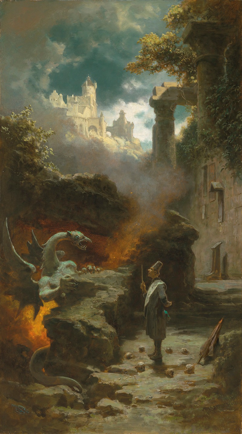 A painting depicting a sorcerer in a mystical setting.