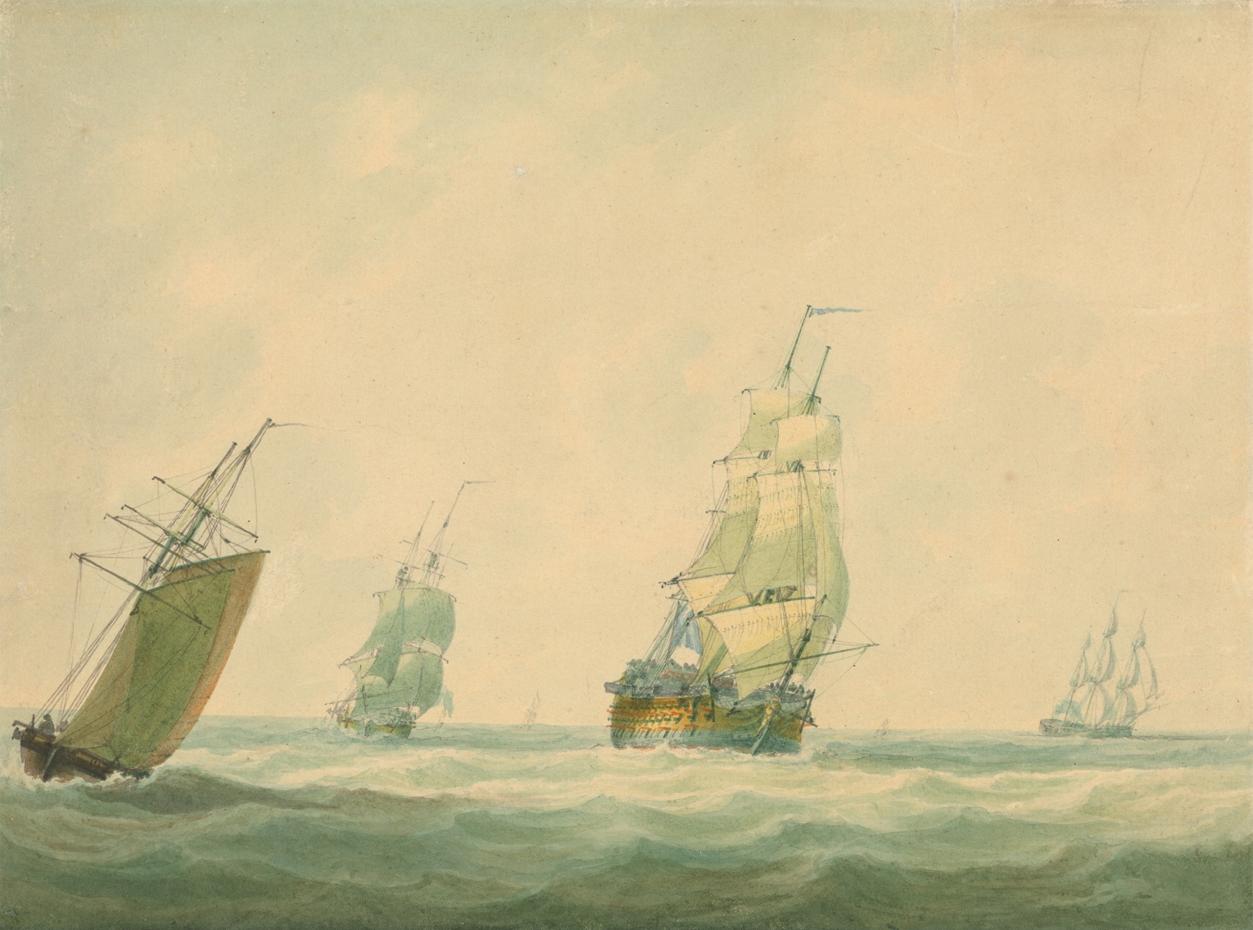 A two-decker ship at dawn, oil on canvas by Nicholas Pocock
