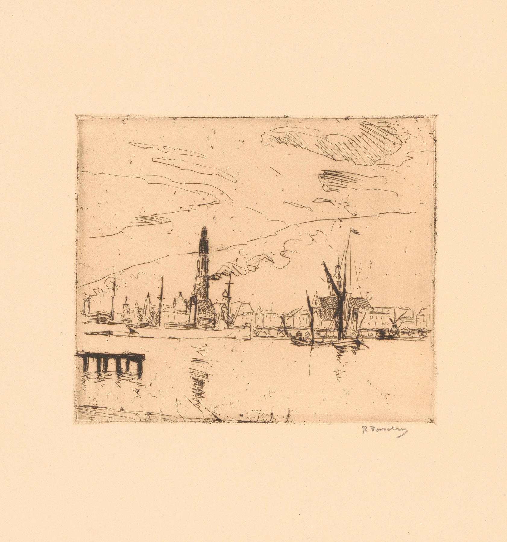 Marine scene of a harbor with loose brushwork by Richard Baseleer, oil painting