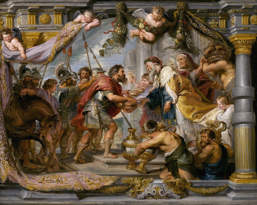 A significant Baroque painting depicting the meeting of Abraham and Melchizedek.
