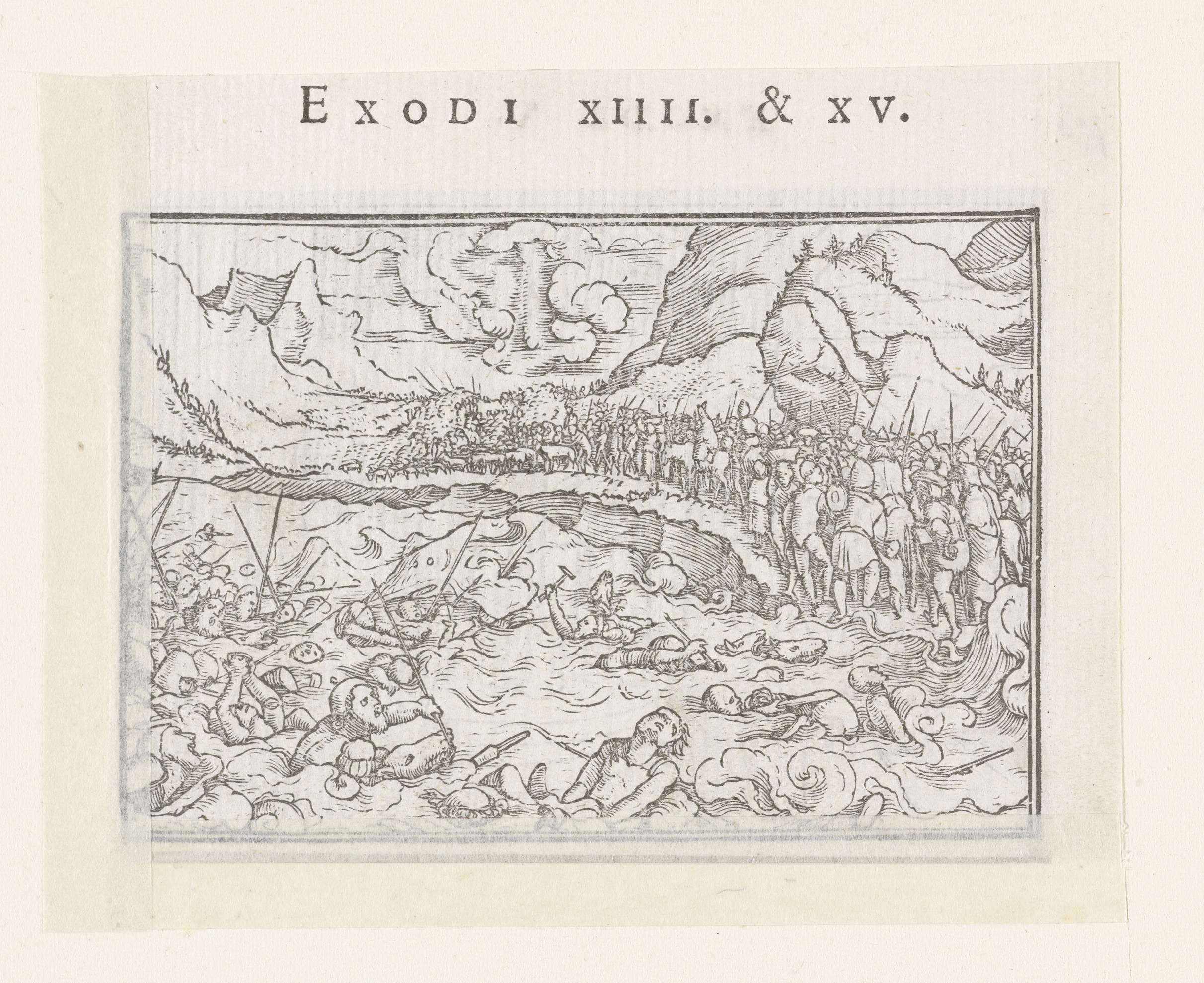 Vernietiging van legers van Farao in Rode Zee by Hans Holbein, paper medium, depicting tumultuous waves and a naval battle.