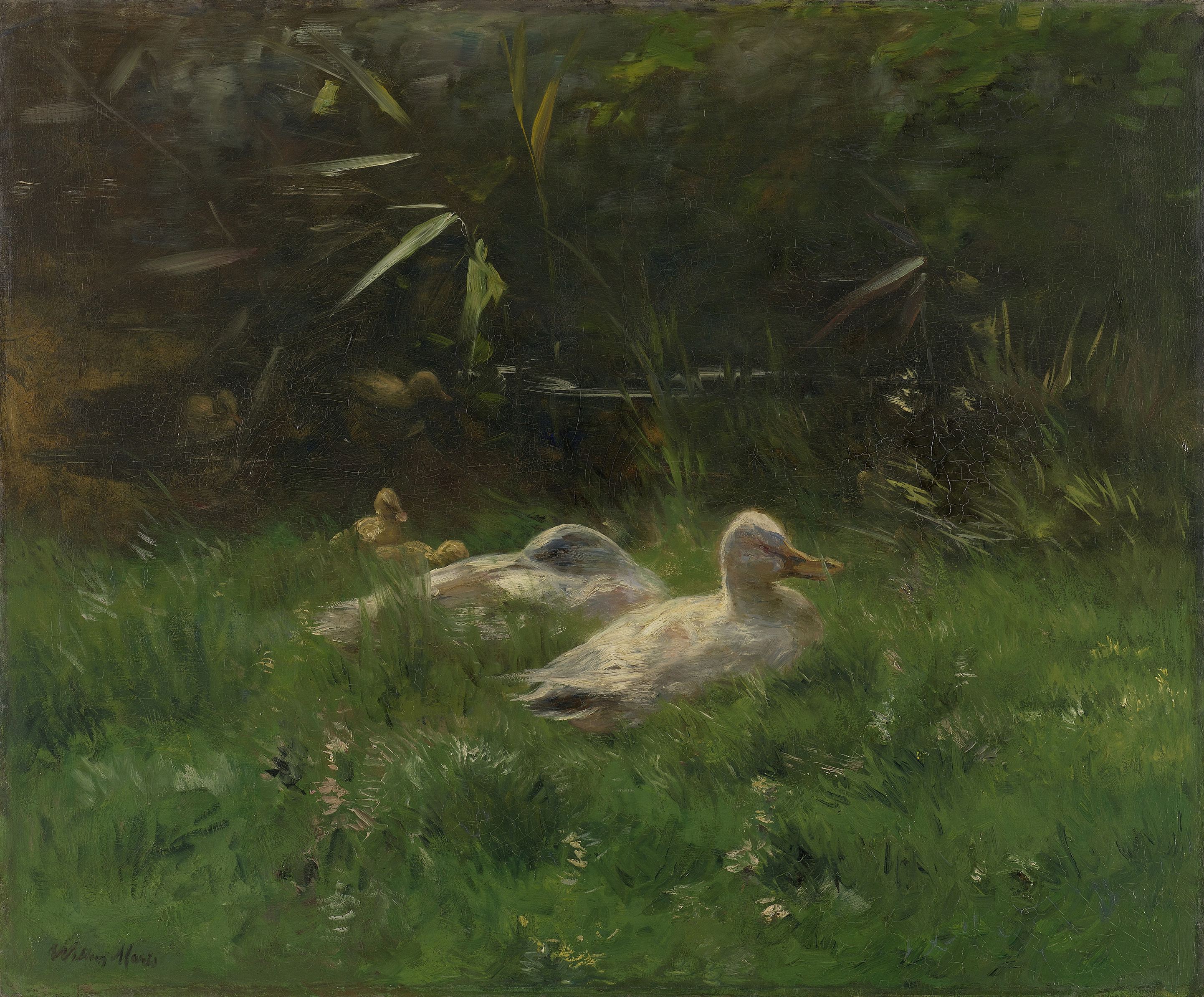 Ducks on a pond in an oil painting by Willem Maris