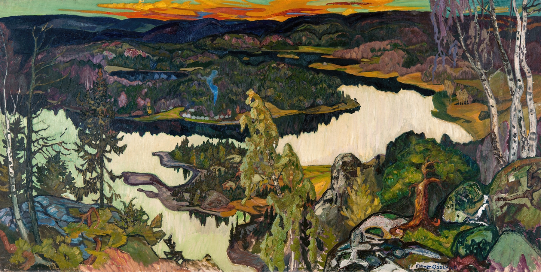 Autumn Evening, Nordingrå by Helmer Osslund, oil on canvas depicting a tranquil landscape at sunset.