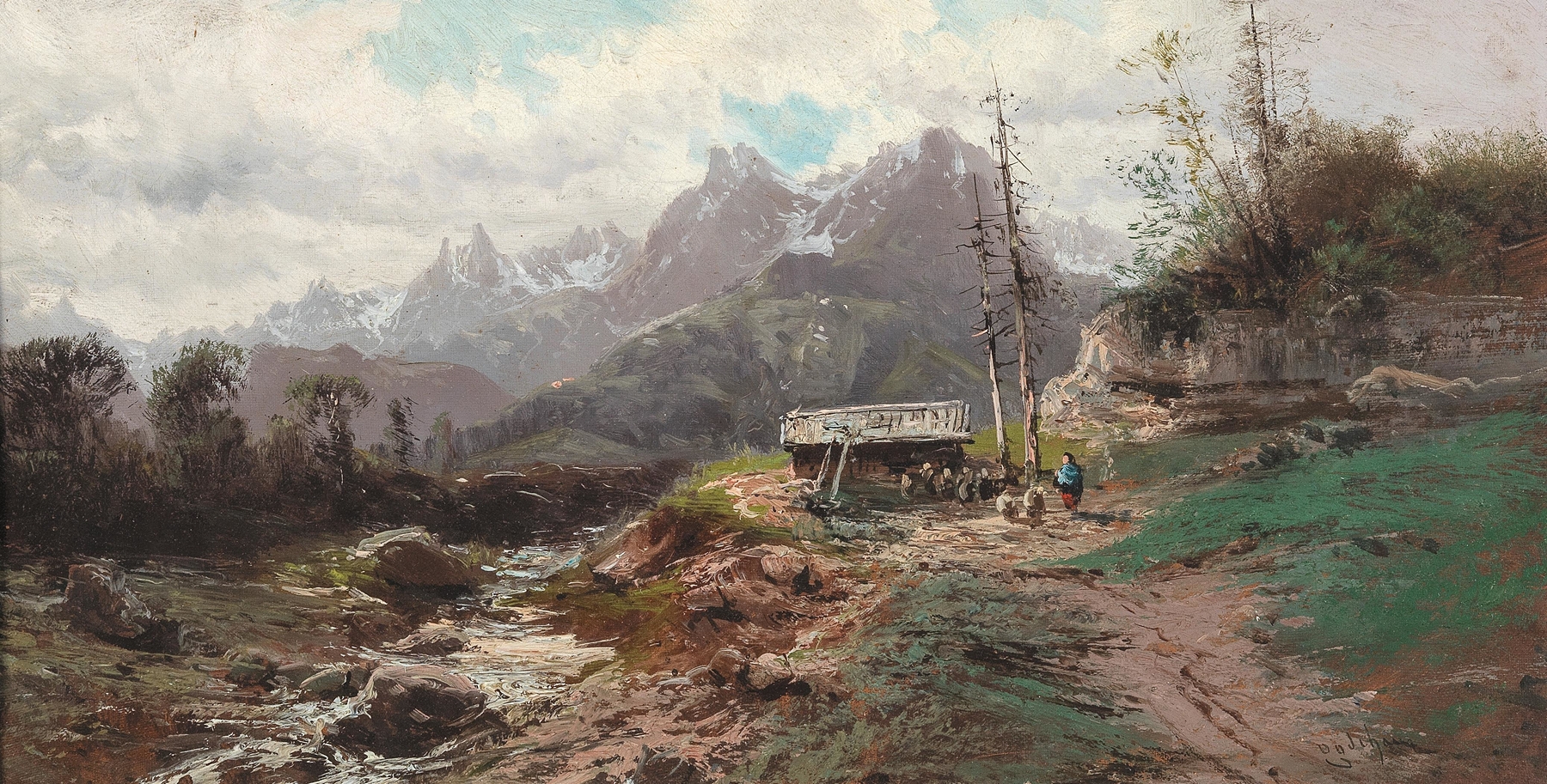 A Wild Mountain Landscape by Alfred Godchaux, depicting misty mountains in an unknown medium.