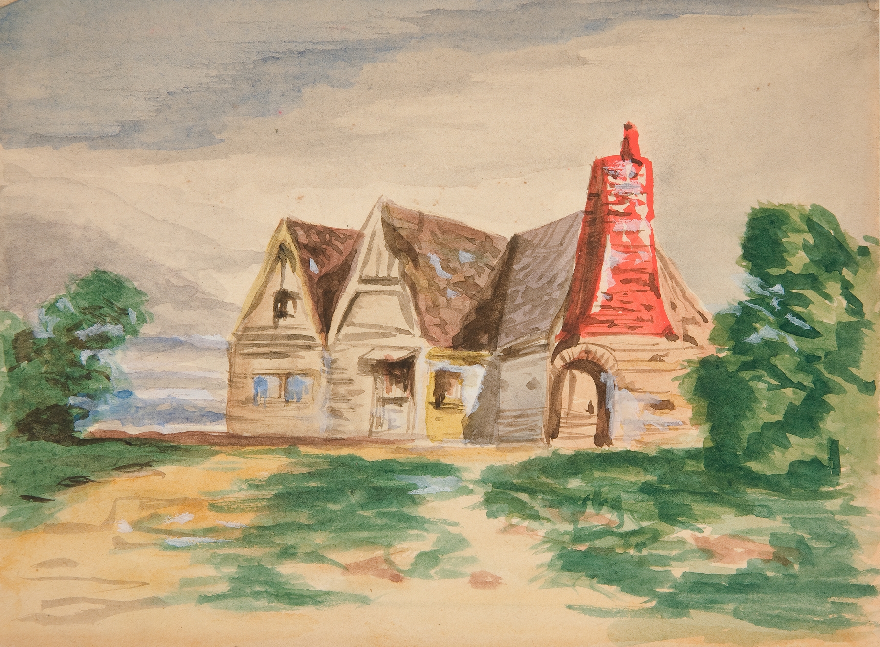 Sketch of a country cottage, by Edwin Austin Abbey, public domain