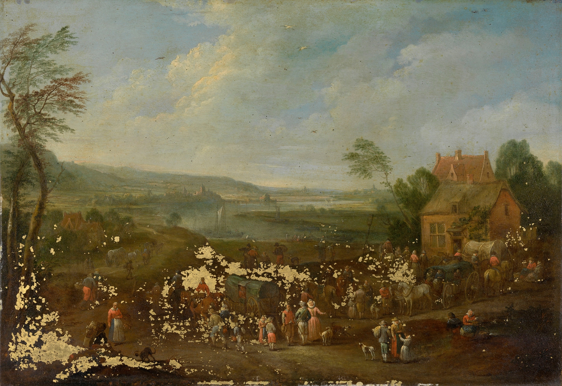 Landscape with Figures by Karel Breydel, oil on canvas depicting figures in a lush green landscape.
