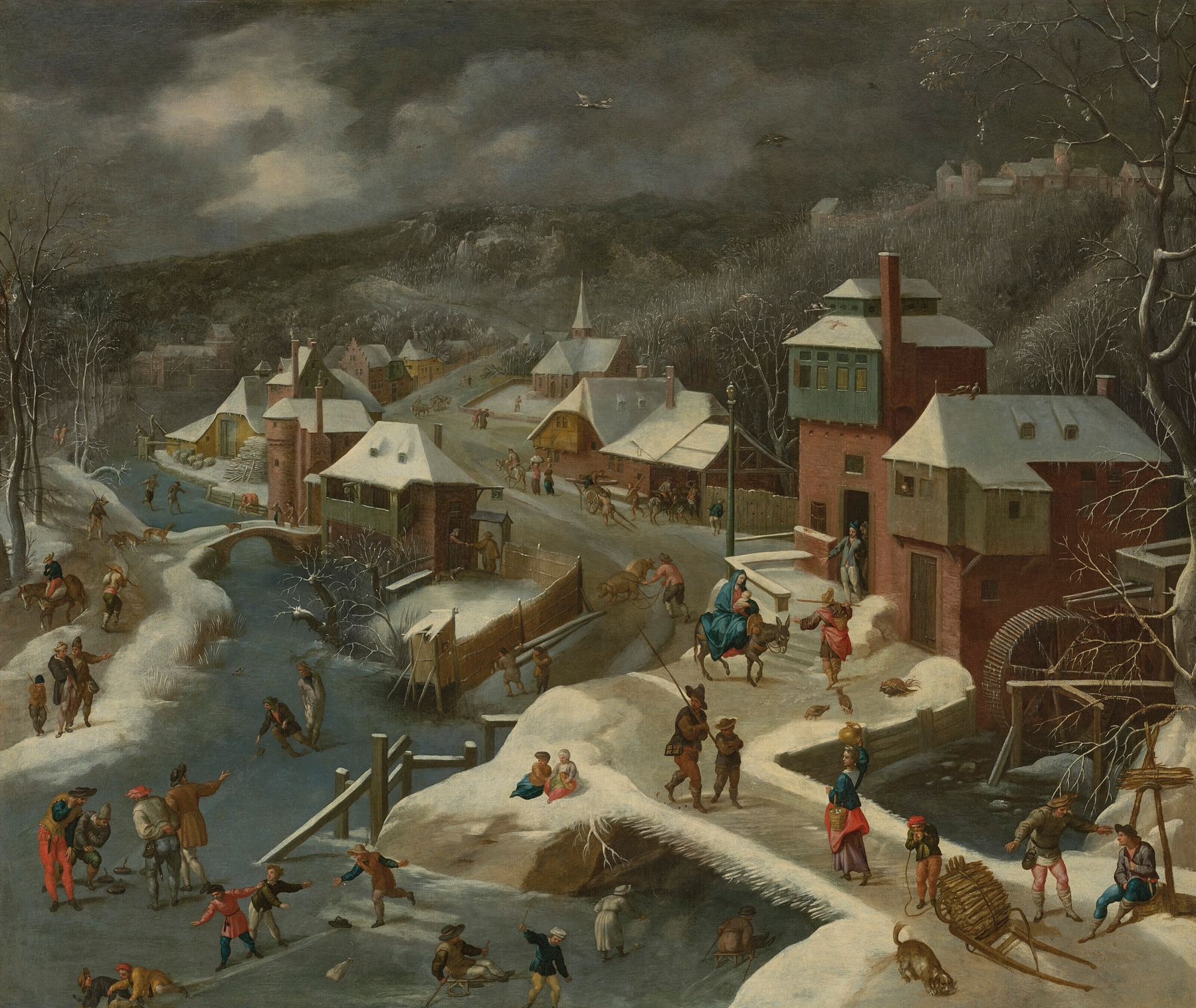 A winter landscape with the Flight into Egypt, oil on panel by Jacob Grimmer