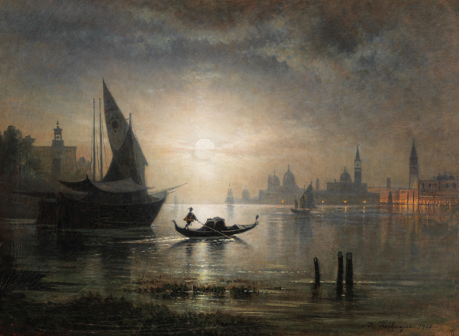 Moonlit landscape of Venice by Karl Heilmayer, oil painting