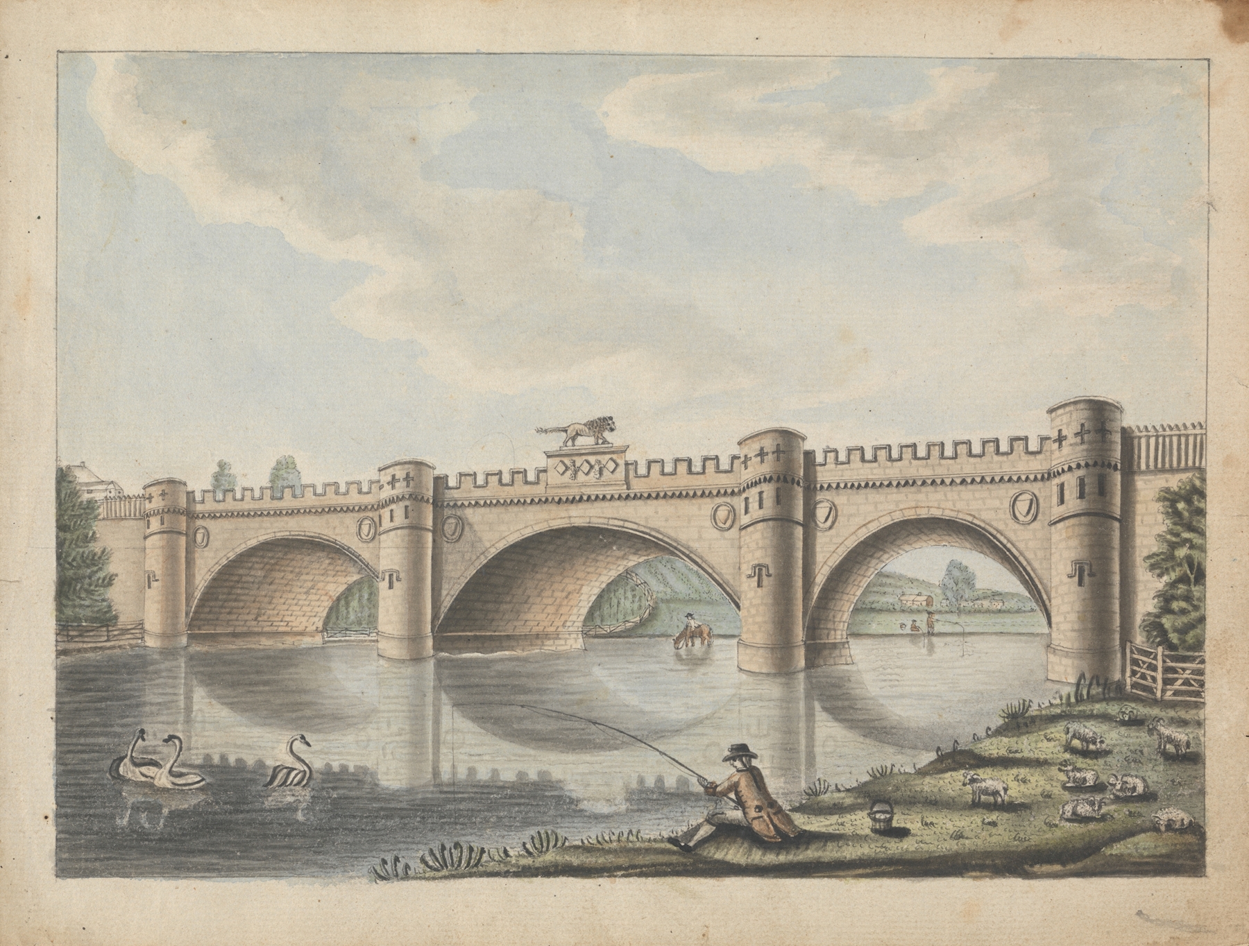Watercolour by William Beilby depicting a bridge over a river near Alnwick Castle.