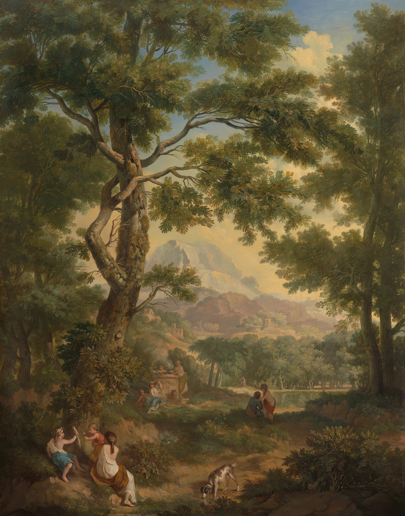 Arcadisch landschap met linksvoor kinderen met een vogel en een hond, by Jurriaan Andriessen, public domain