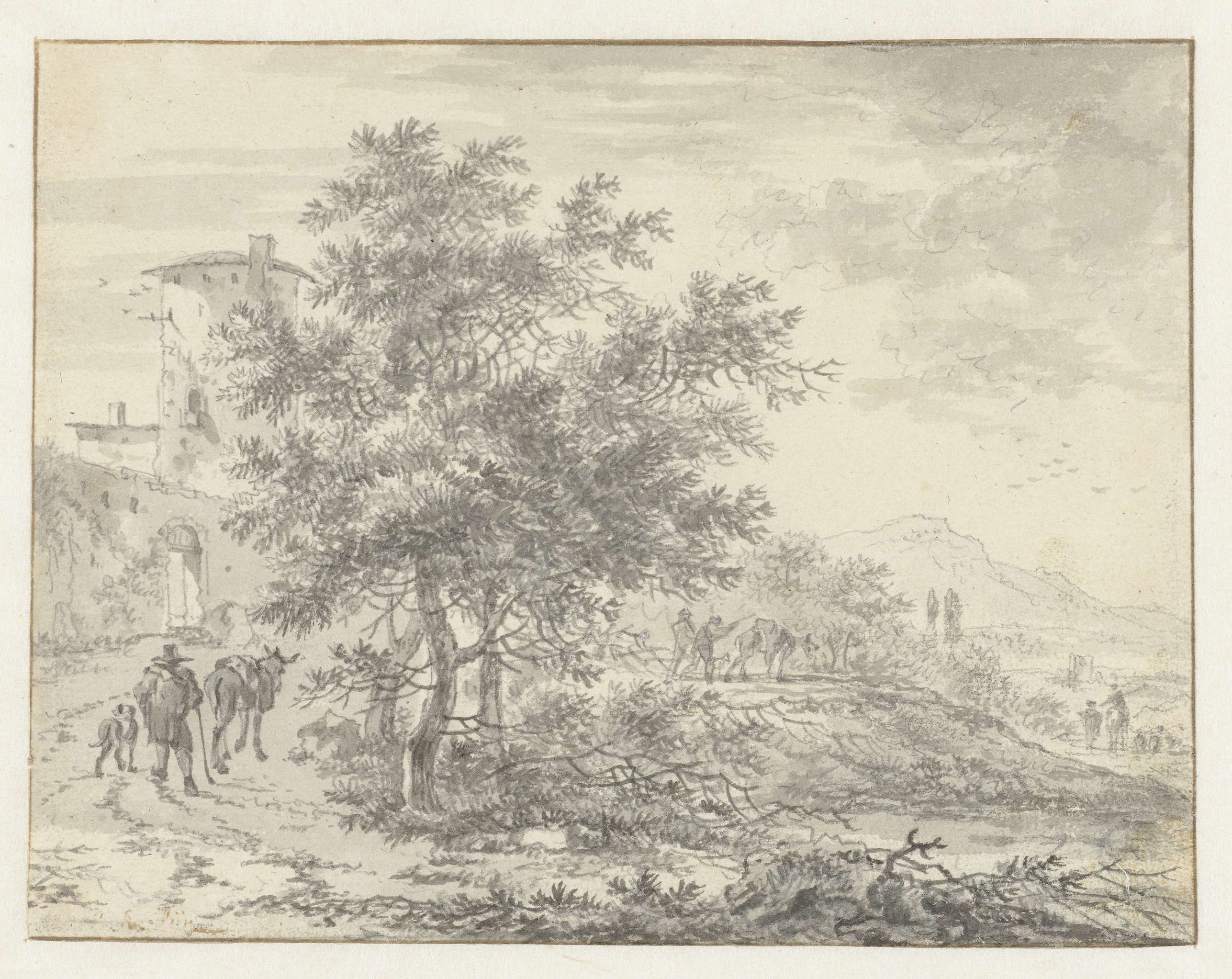 Italianate landscape with a round tower on a city wall by Adriaen van der Kabel, unknown medium
