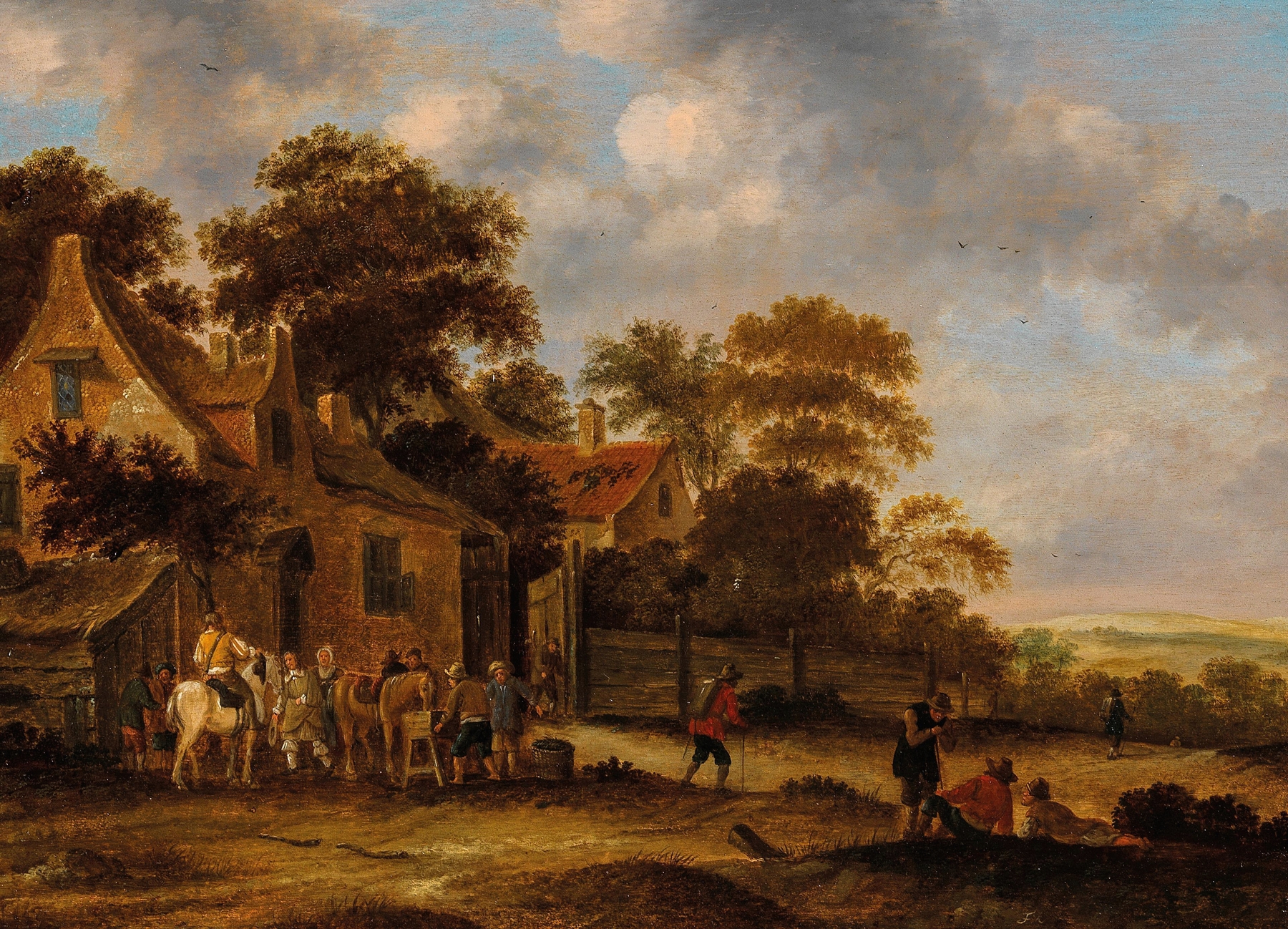 Genre scene depicting travelers resting outside a tavern, oil painting by Thomas Heeremans