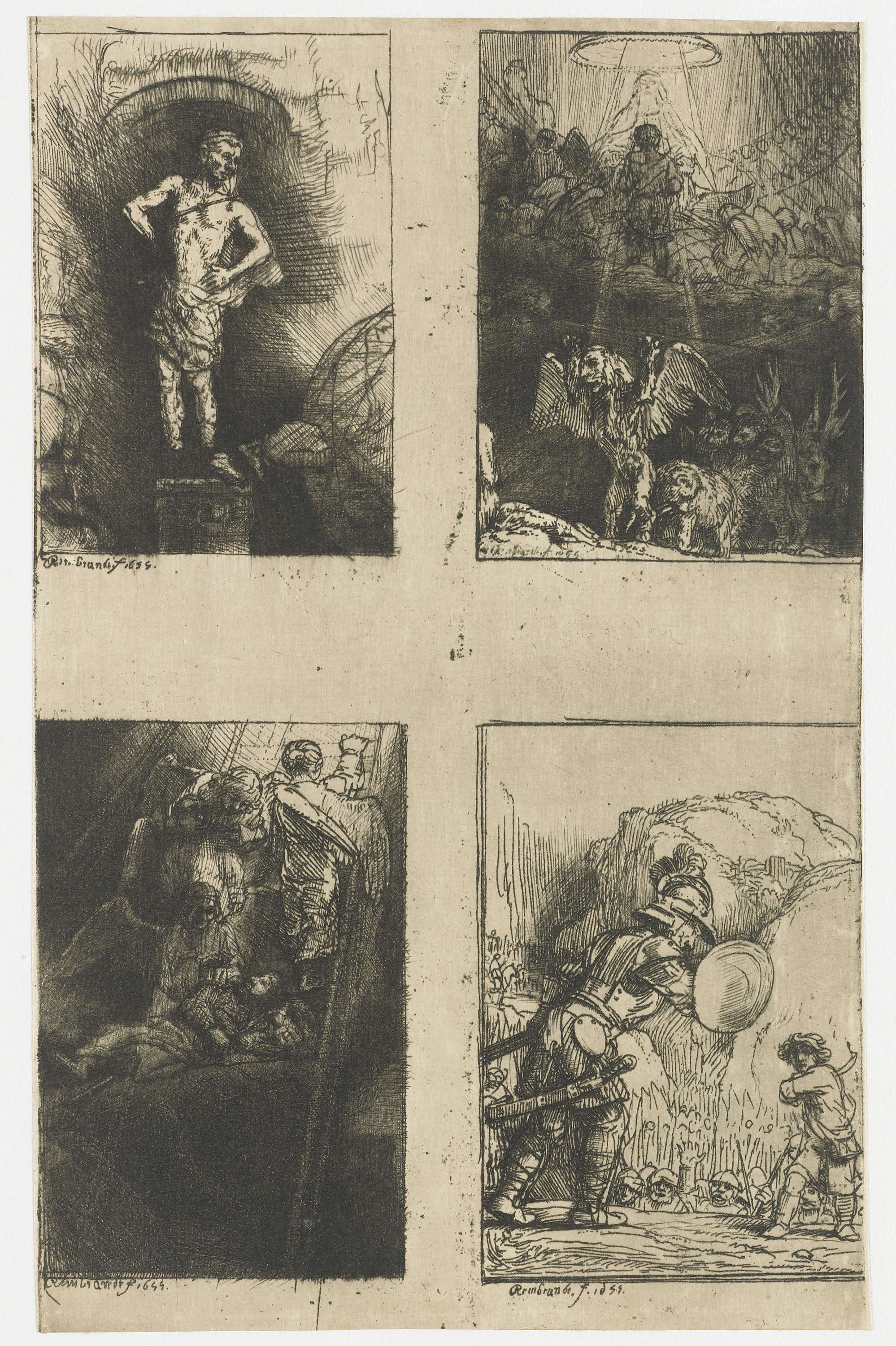 Etching by Rembrandt van Rijn featuring four figures in chiaroscuro