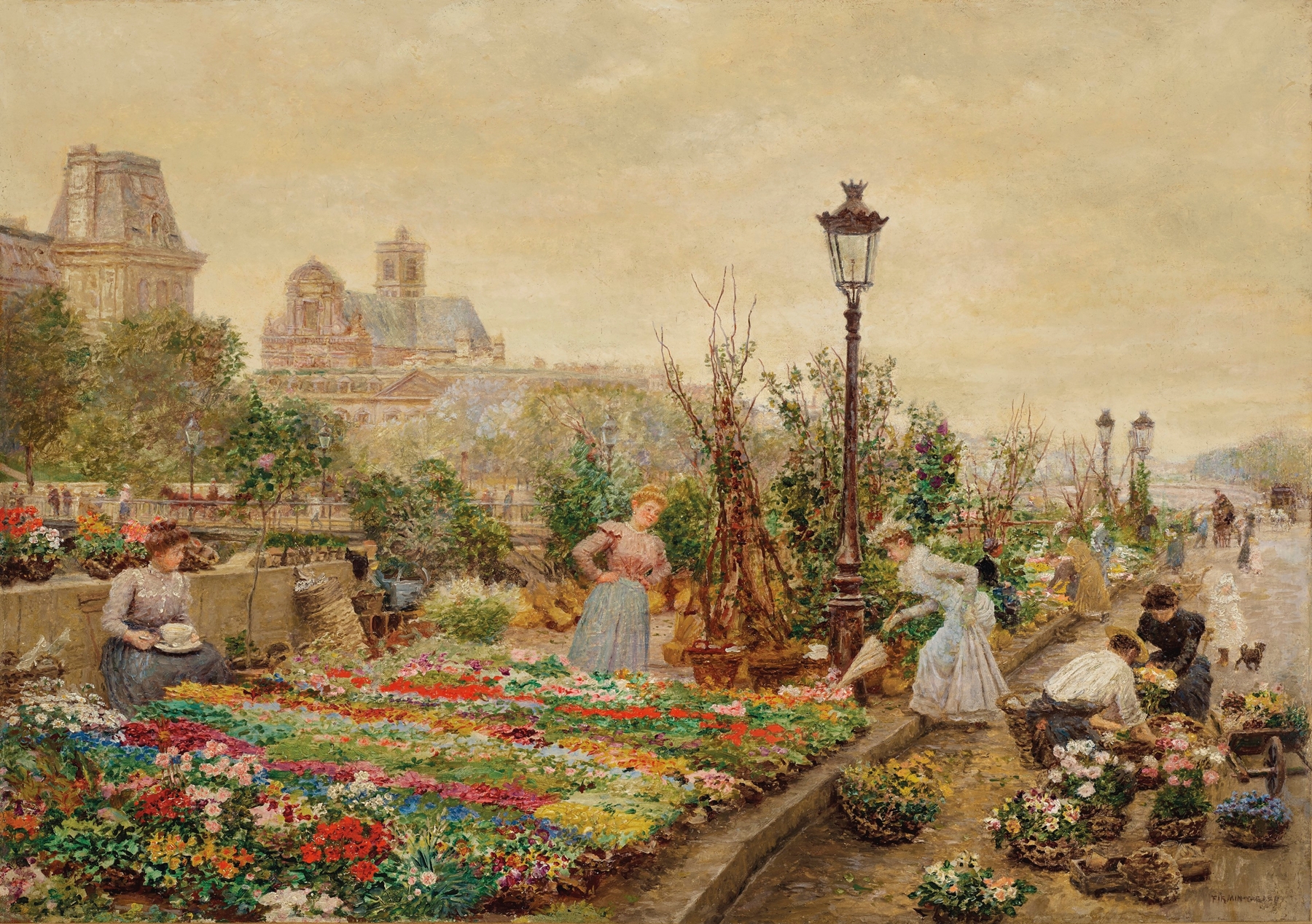 Le quai aux fleurs et l’hôtel de ville by Marie-François Firmin-Girard, oil painting depicting vibrant flowers and Parisian scene