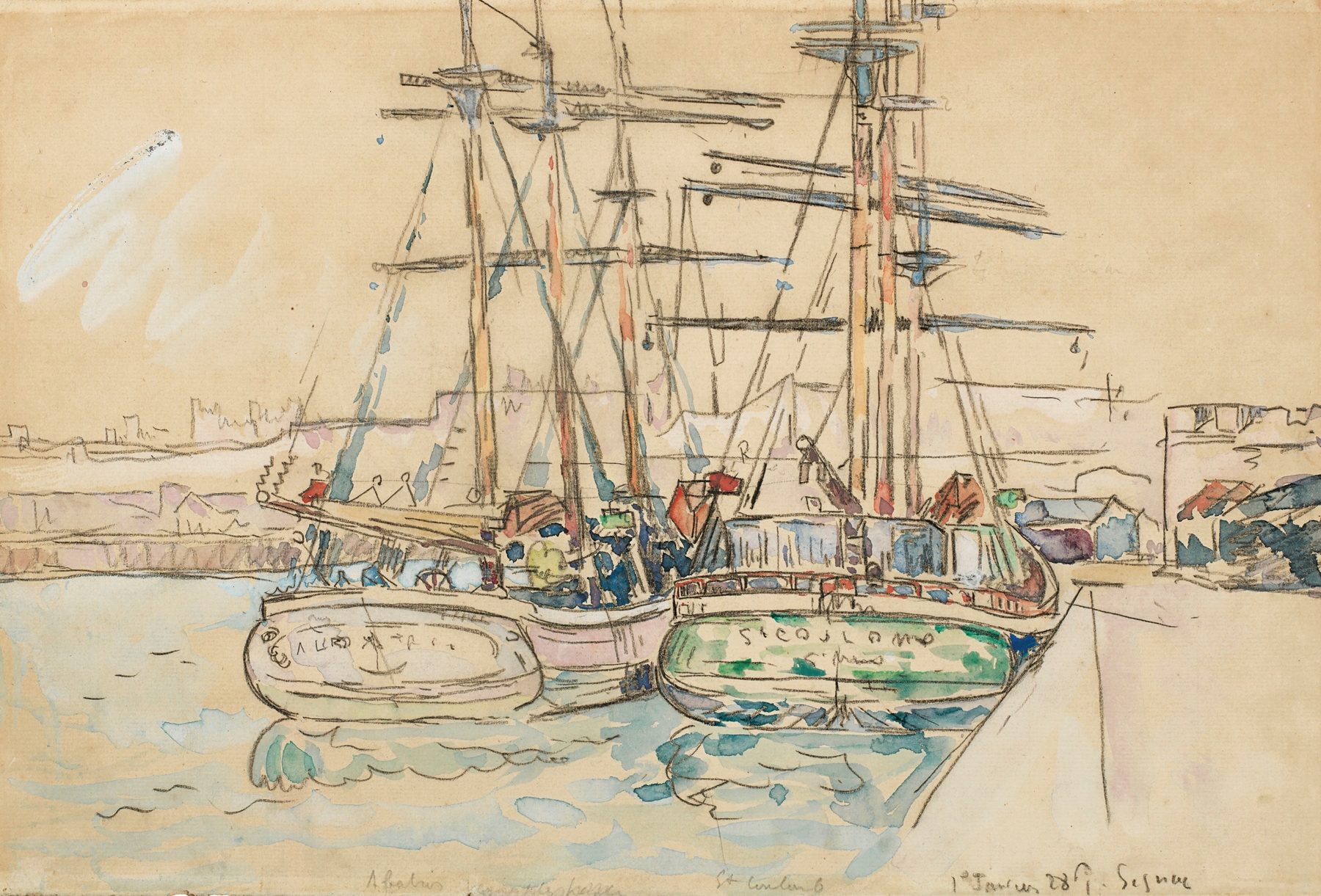 Saint-Malo, Voiliers à quai by Paul Signac, depicting sailboats in a harbor, oil painting