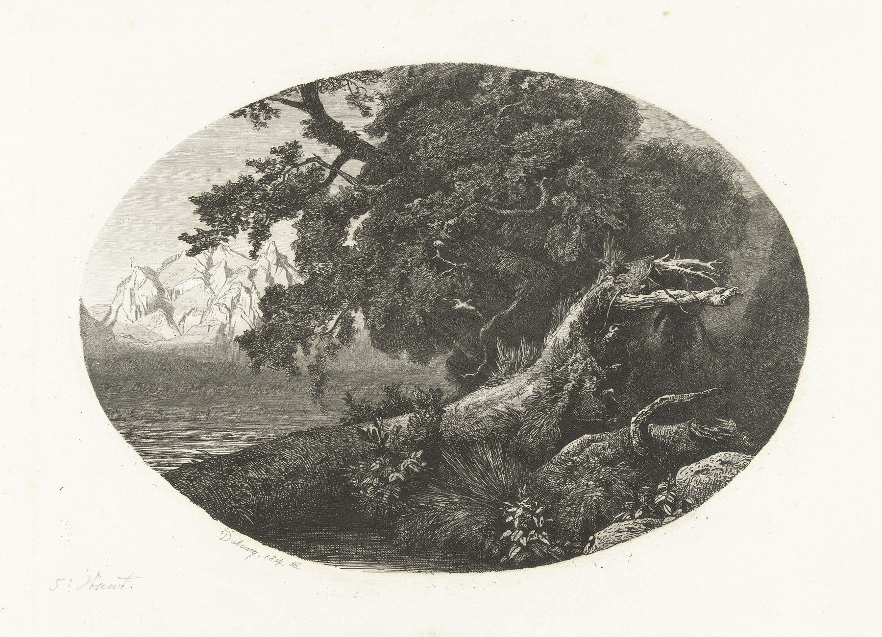 Oil painting by Pierre Louis Dubourcq depicting a weathered tree trunk on the coast