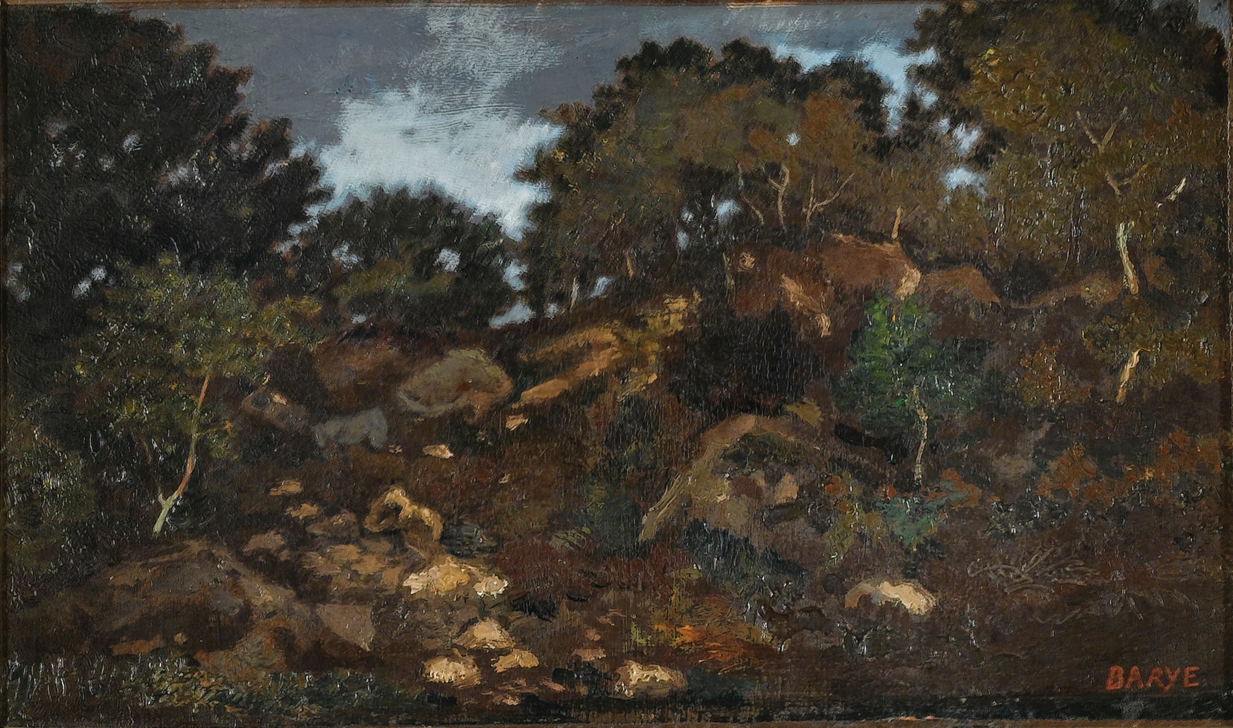Rocks in Fontainebleau Forest by Antoine-Louis Barye, depicting rugged rocks and light in a forest landscape.