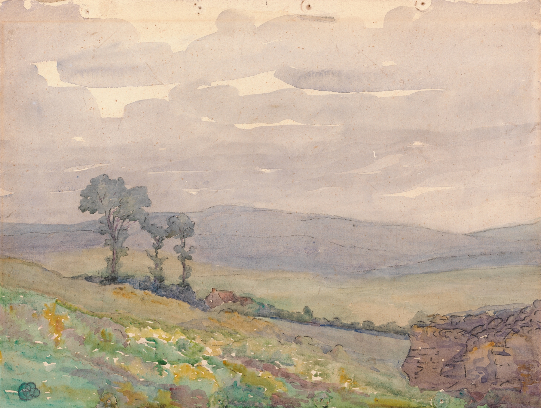 Landscape with Three Trees, oil on canvas by Robert Polhill Bevan, featuring vibrant trees and a dreamlike atmosphere.