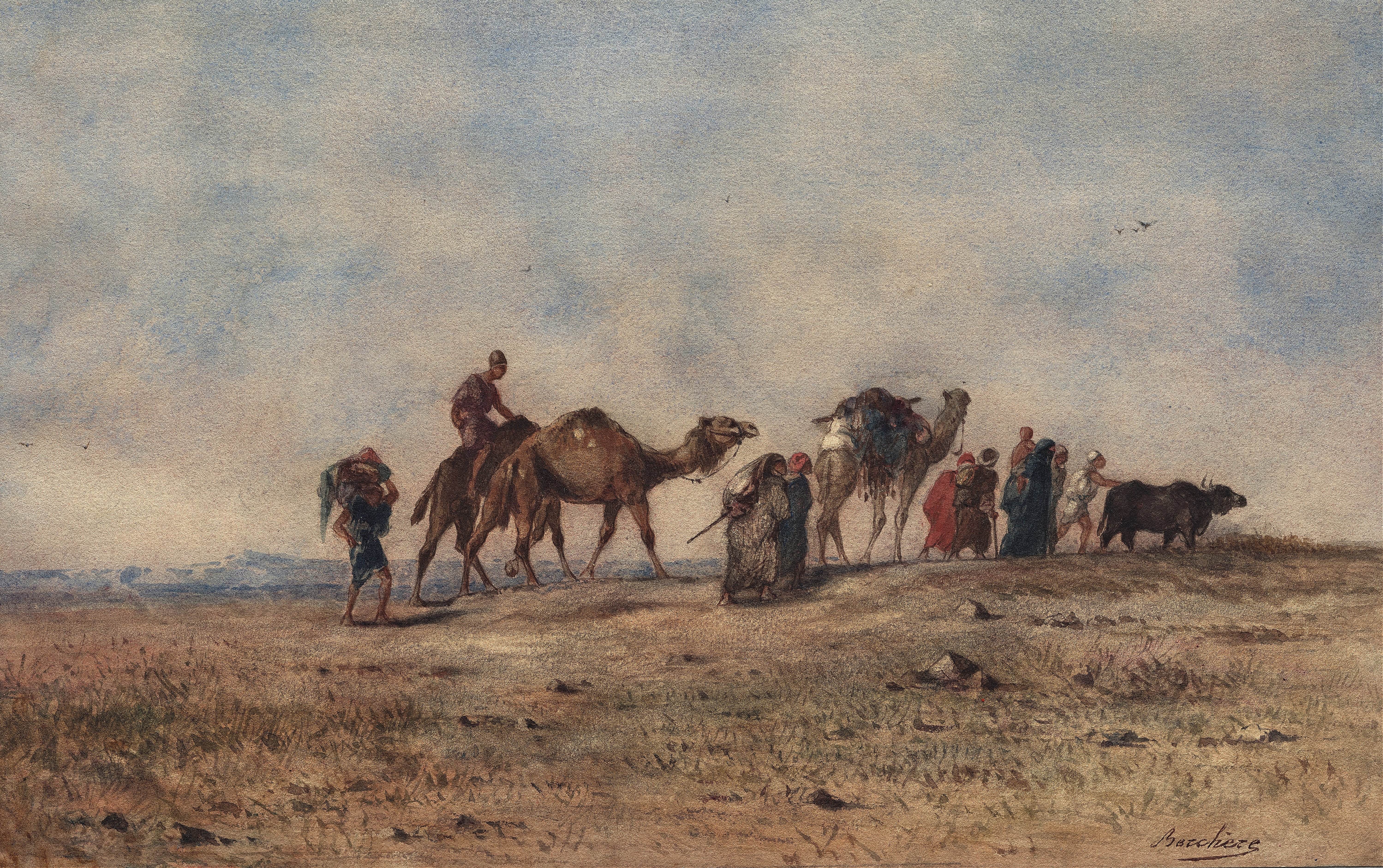 A Caravan in the Desert by Narcisse Berchère, oil on canvas depicting camels in a desert landscape.