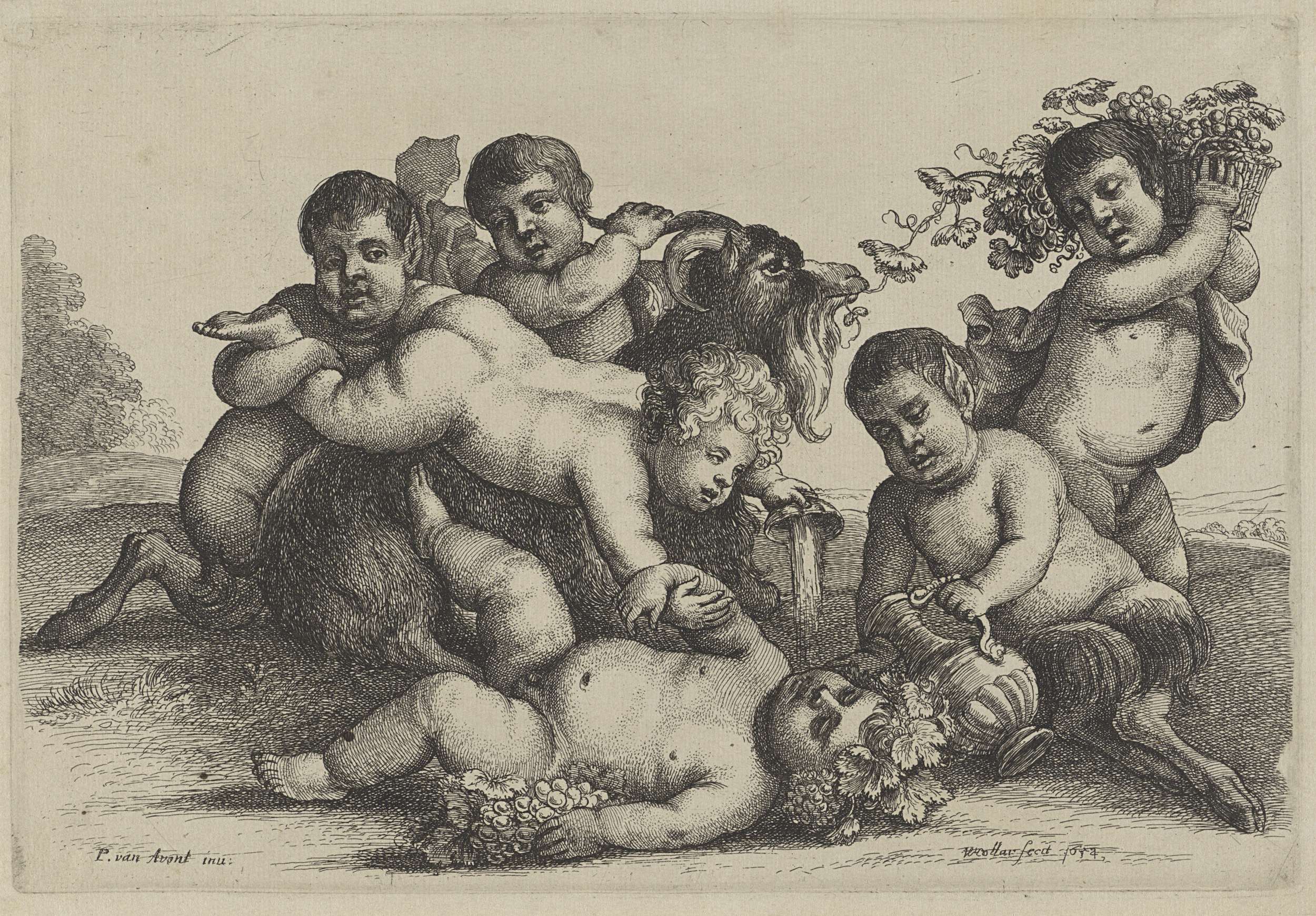 Etching by Wenceslaus Hollar depicting three boys, satyrs, a bacchant, and a goat