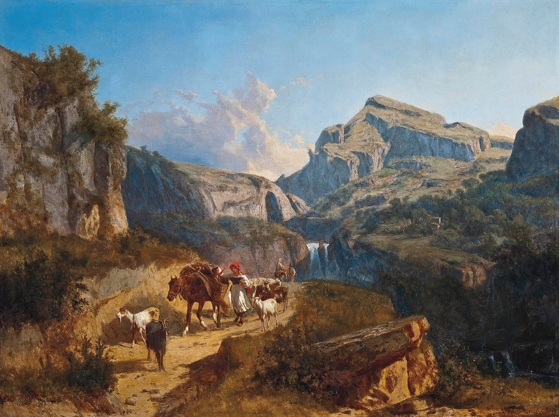 Herding goats on a mountain pass by András Markó, oil painting