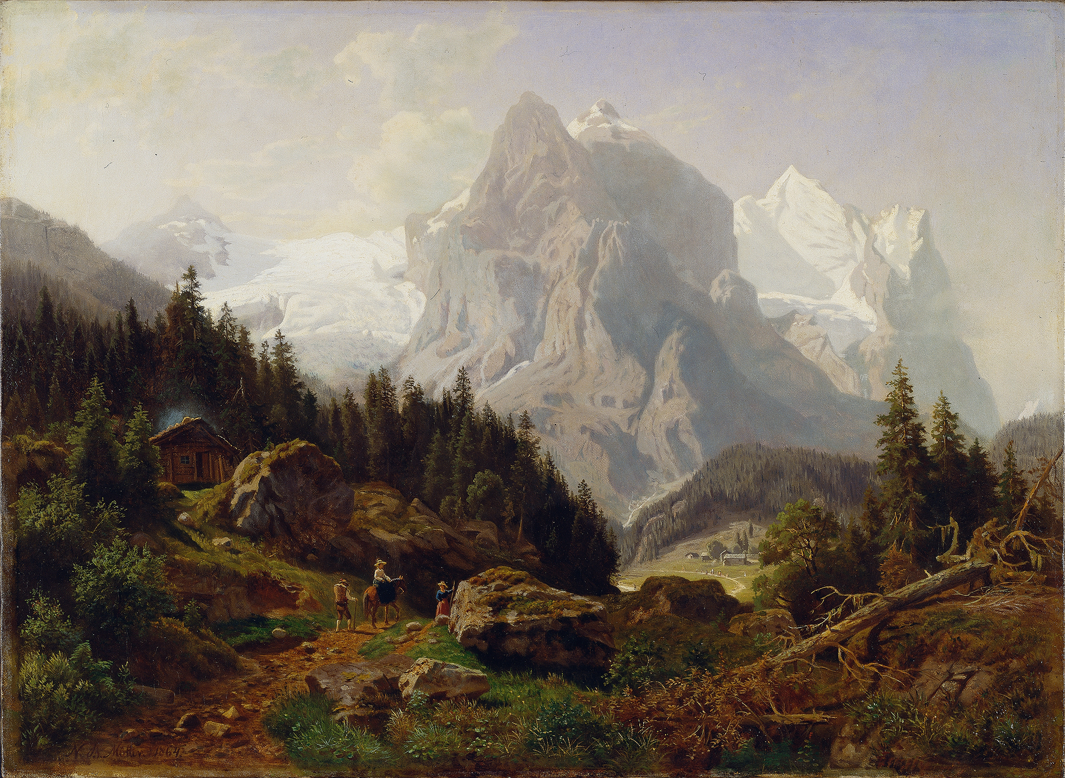 Landscape depicting tourists in the mountains by Nils Bjørnsen Møller, oil painting