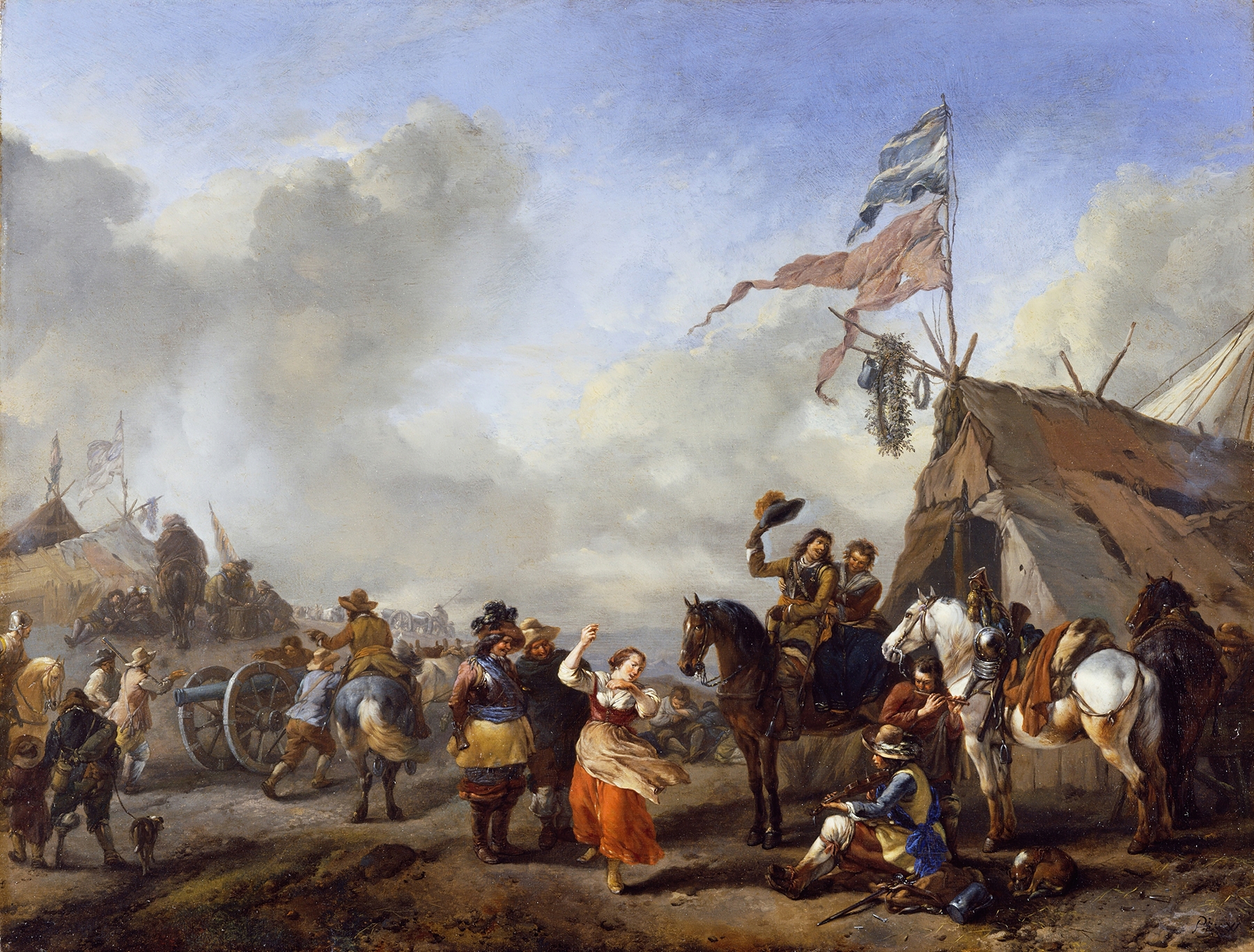 A Camp Scene by Philips Wouwerman, oil painting depicting figures around a campfire.