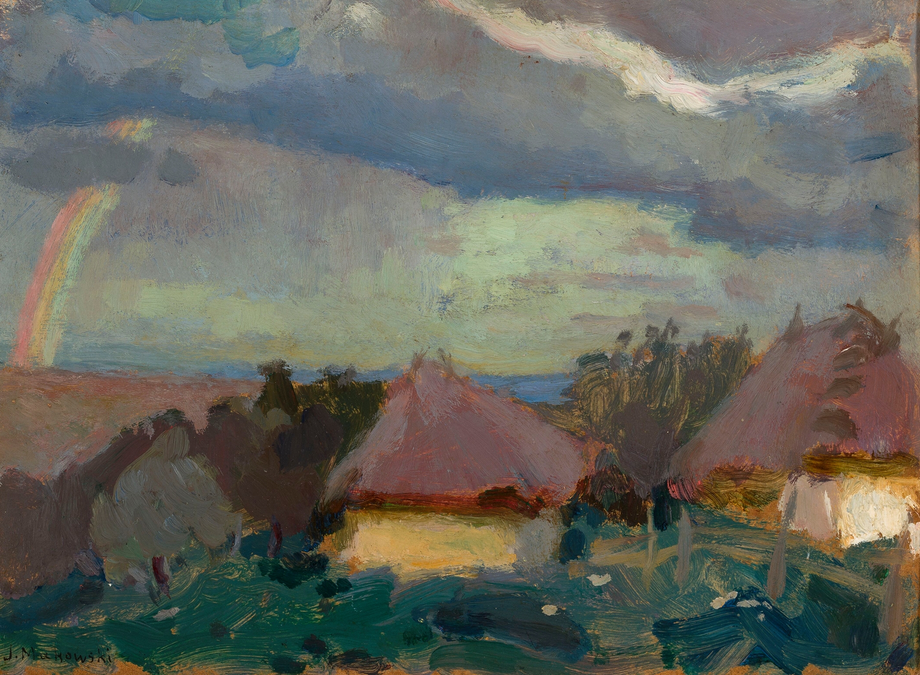 Rural landscape with a rainbow, by Tadeusz Makowski, public domain