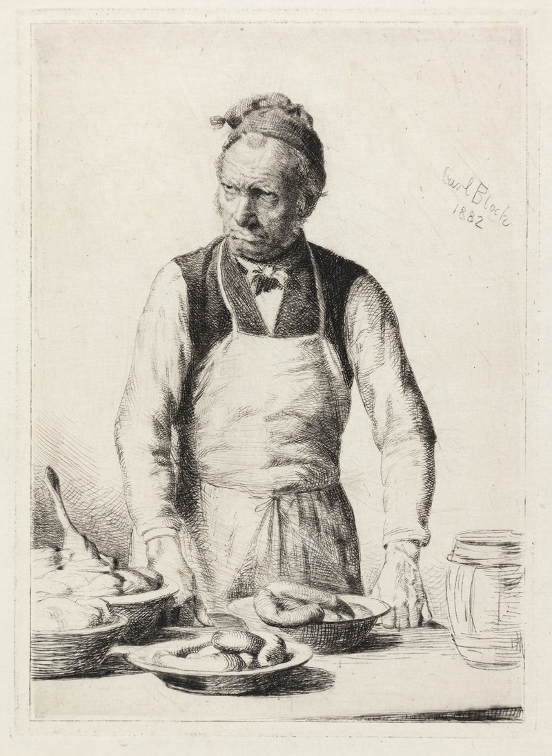 Carl Bloch's painting features a herring seller behind a counter.