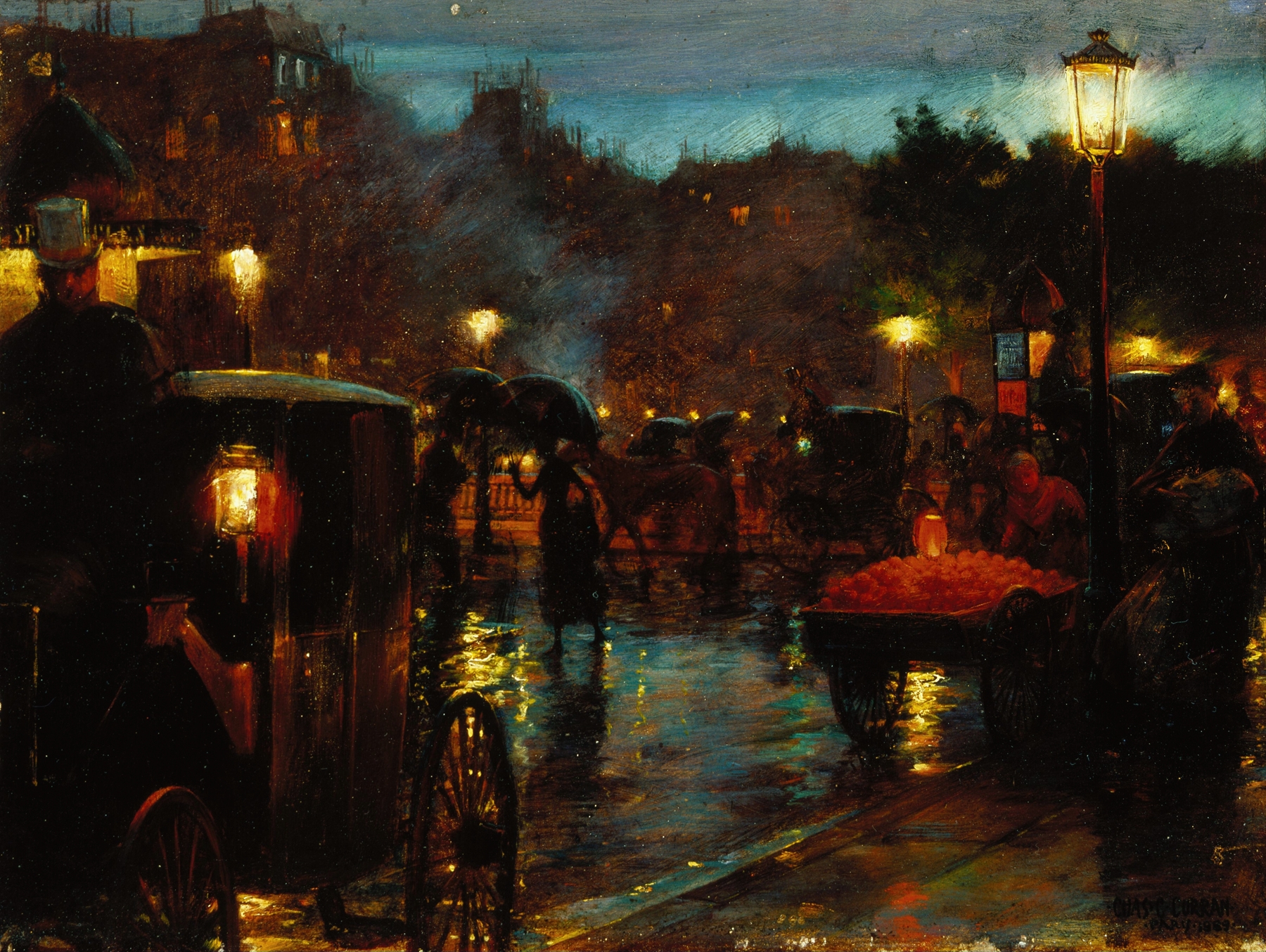 Oil painting of a Parisian night scene by Charles Courtney Curran