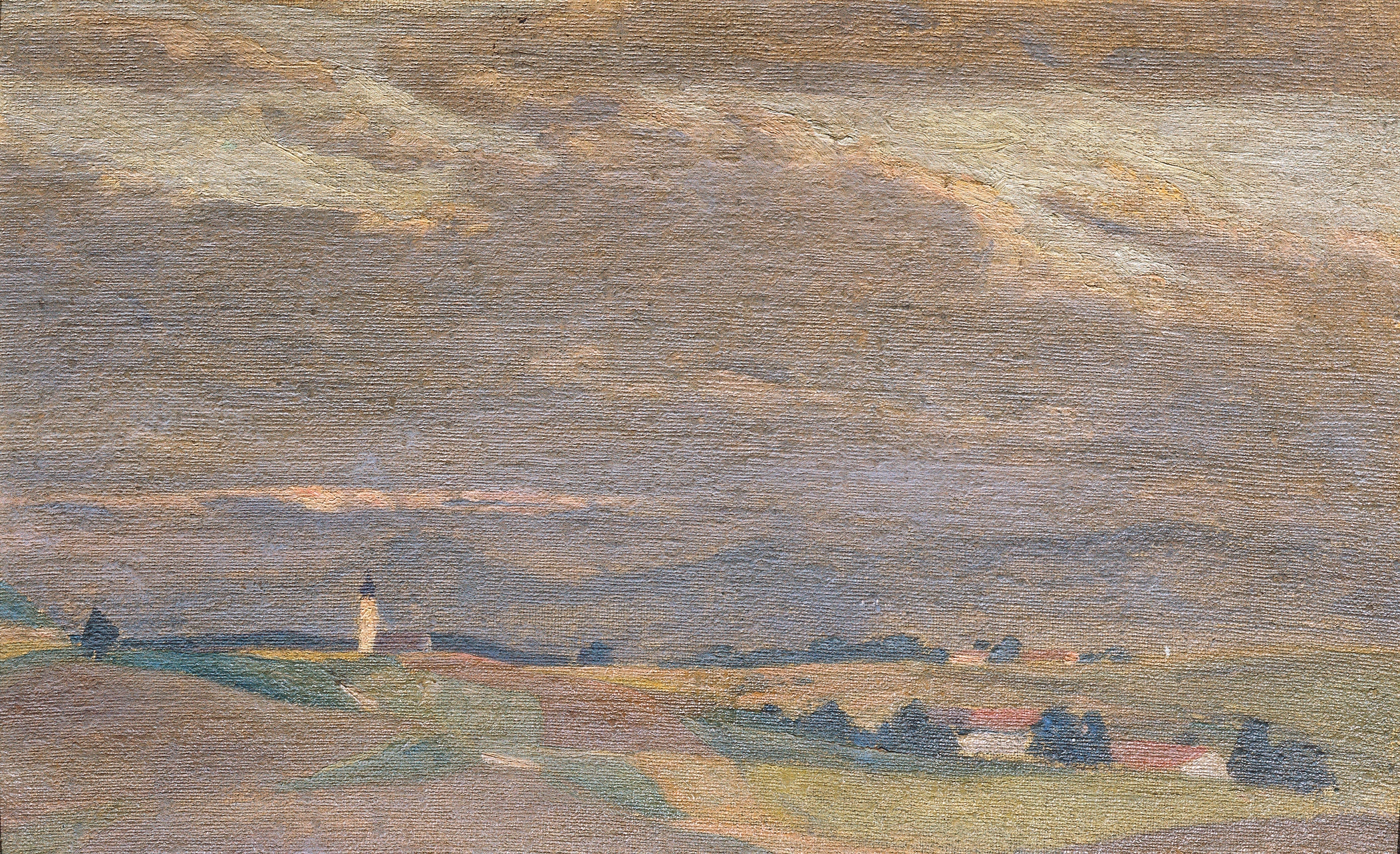 Twilight landscape with a church tower, oil on canvas by Friedrich Hasslwander