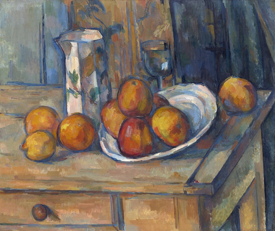 A still life painting featuring a milk jug and various fruits.