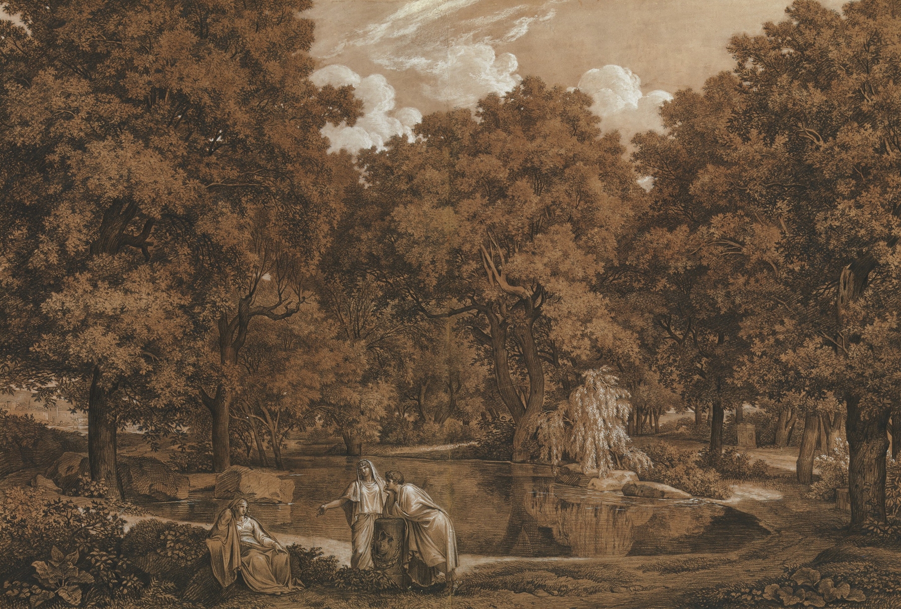 Arcadian landscape with three figures at a lake, oil on canvas by Johann Christian Reinhart