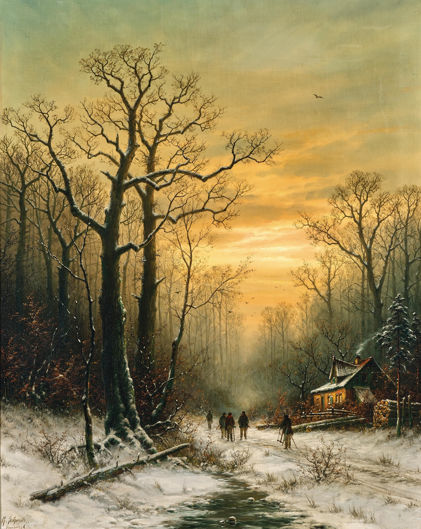 Encounter on the Way Home in Winter by Georg Schmitz, figurative artwork depicting figures in a winter landscape.