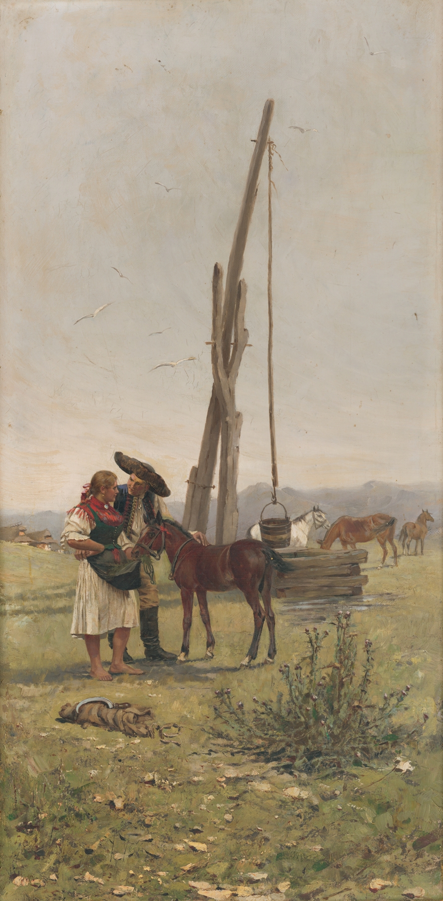 Pri studni by Jaroslav Věšín, depicting a well surrounded by lush vegetation, oil painting
