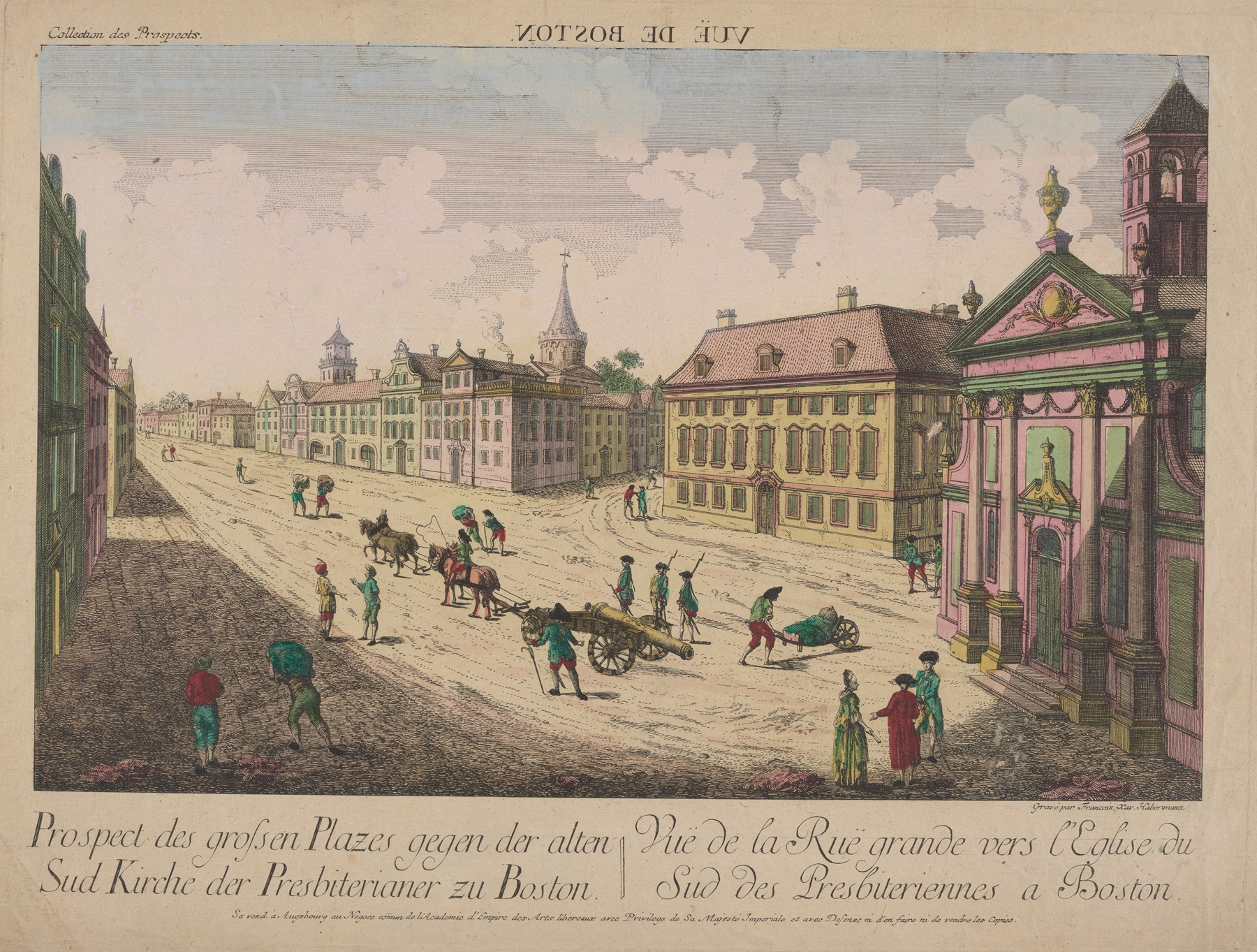 Vue de la Rue grande vers l’Englise du Sud des Presbiteriennes a Boston, oil on canvas by Franz Xaver Habermann
