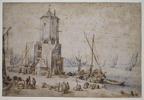 A serene harbor view featuring an octagonal tower and sailboats.